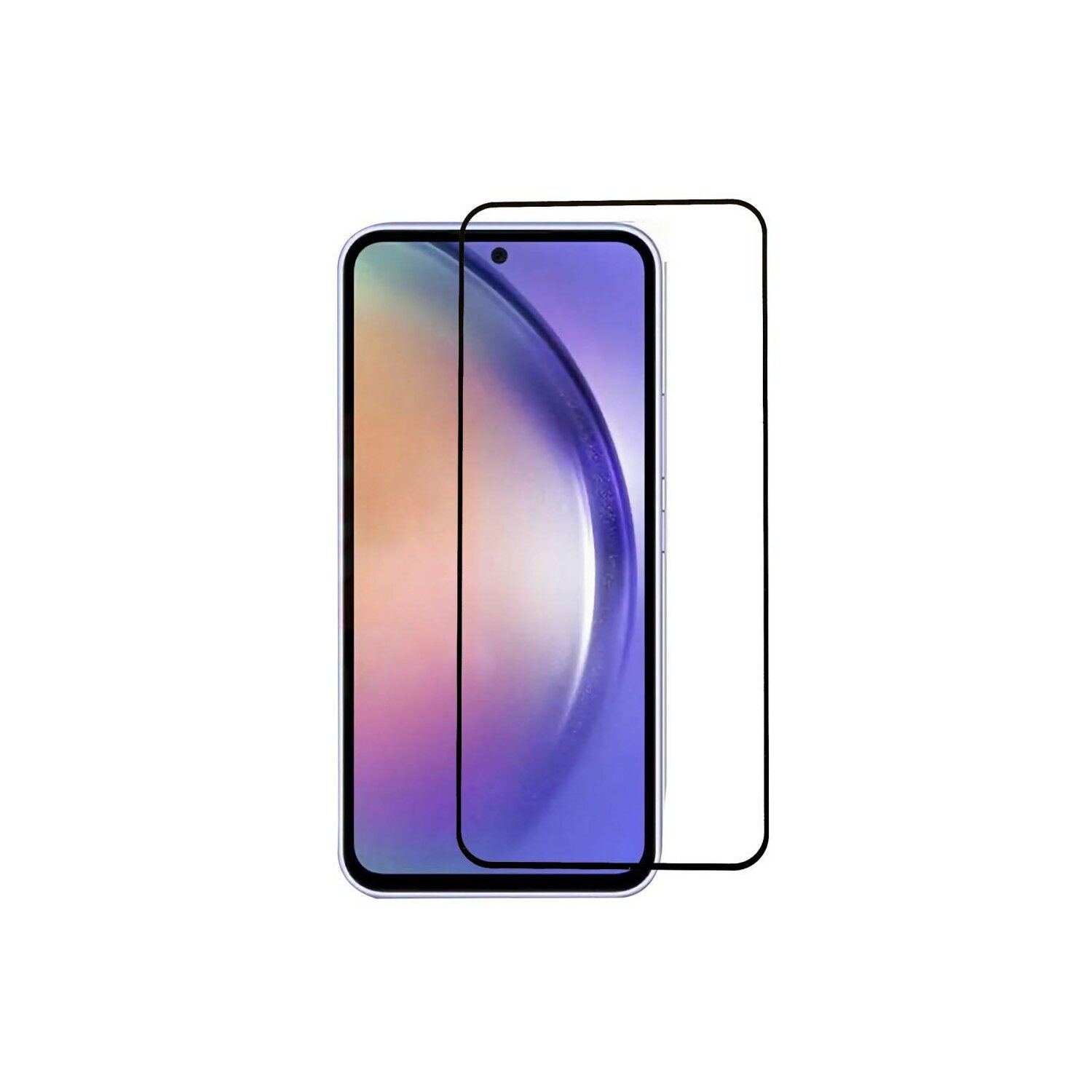 Smartphone mit angebrachtem Displayschutz. Telefon ist schwarz und hat einen lila-goldenen Farbverlauf.