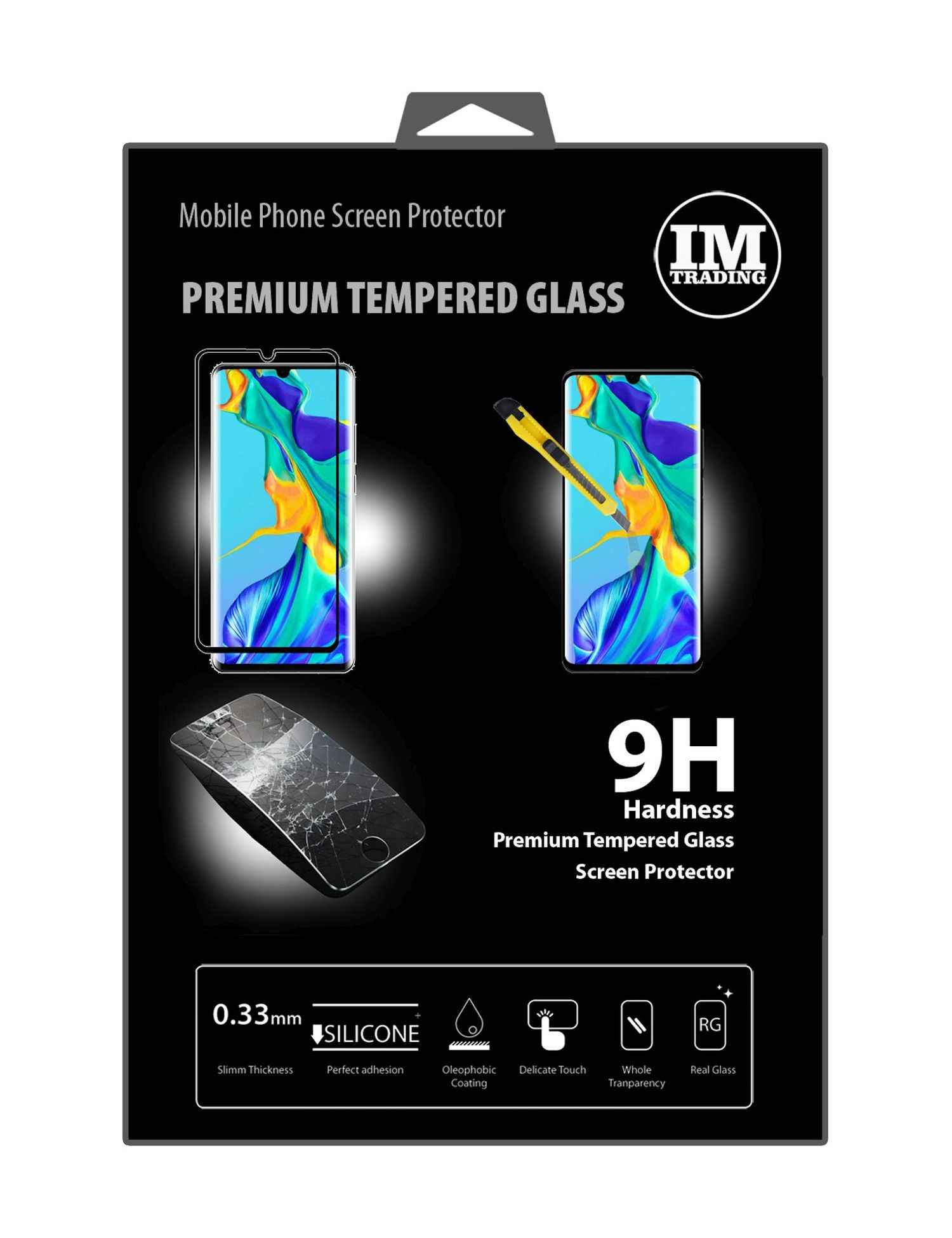 Schwarze Schachtel mit Displayschutzfolie für Telefone mit Telefonbildern, gehärtetem Glas, 9H-Härte.