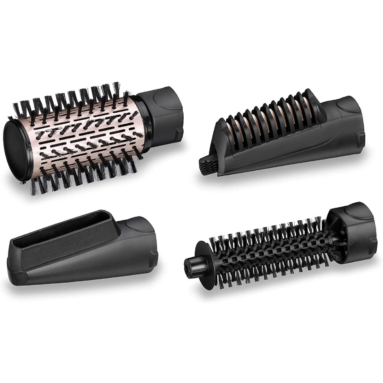 Vier schwarze Haarstyling-Aufsätze in verschiedenen Formen für ein Haarstyling-Gerät.