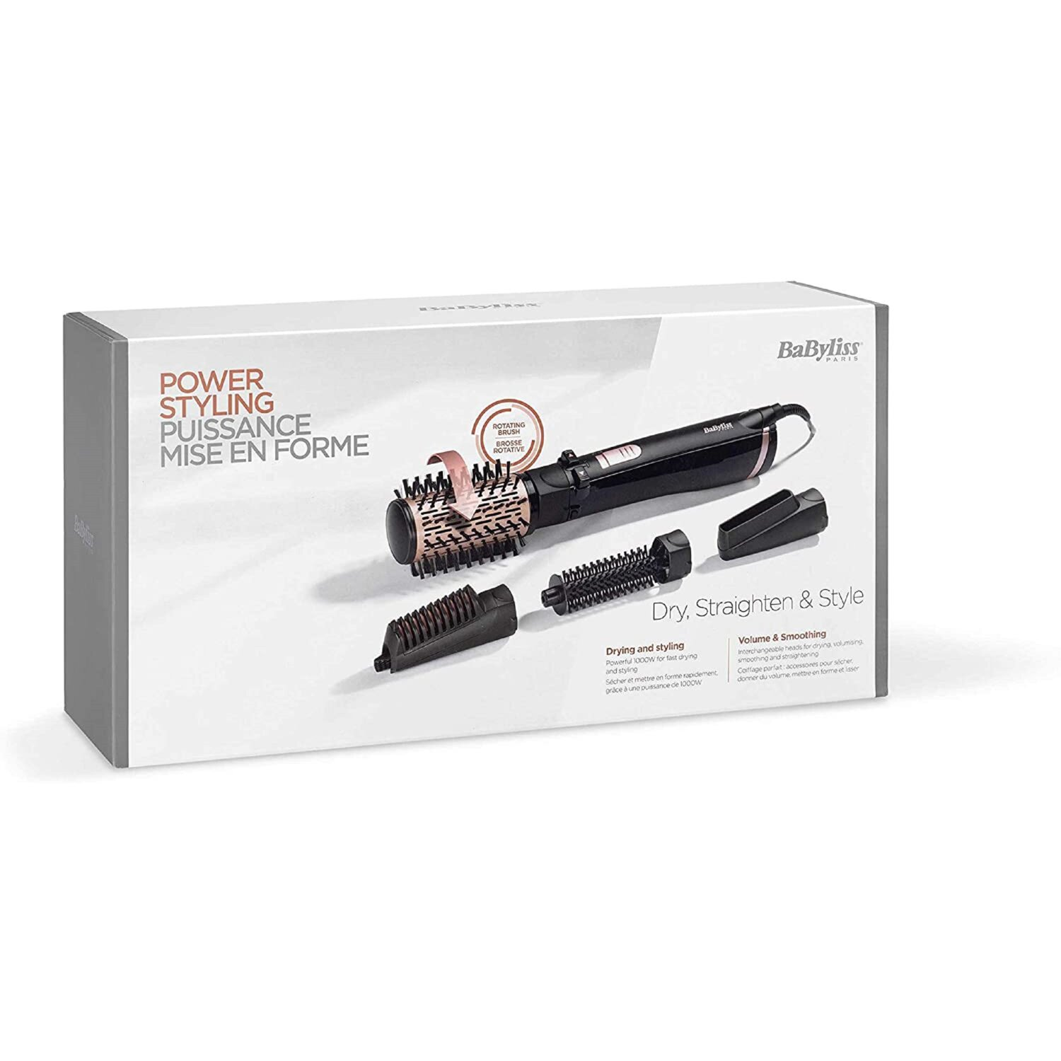 Eine weiße und graue Box mit einem Haarstyling-Set. Enthält verschiedene Aufsätze.
