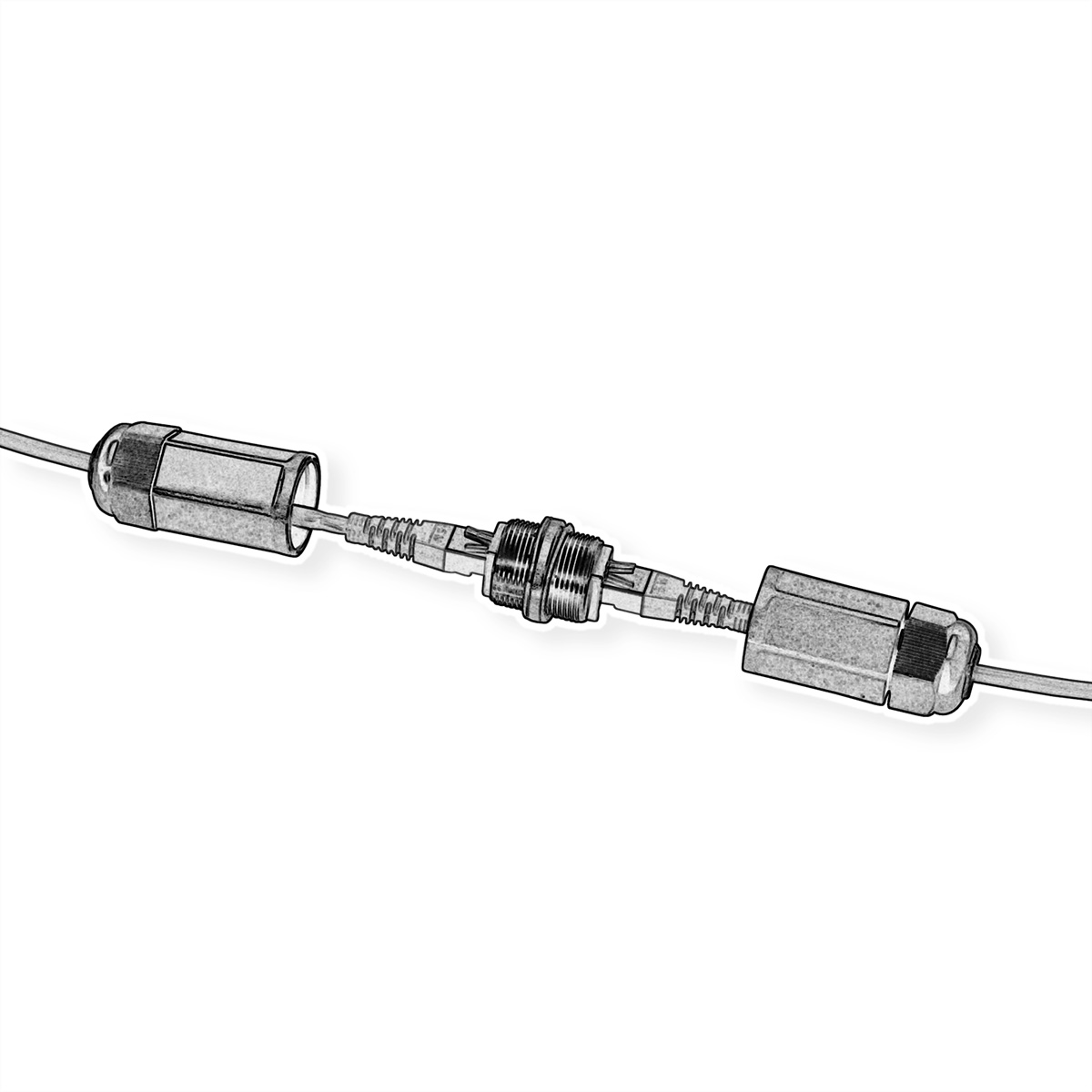Een afbeelding van een netwerkkabelconnector. Twee connectoren zijn aan elkaar gekoppeld met een metalen koppeling.