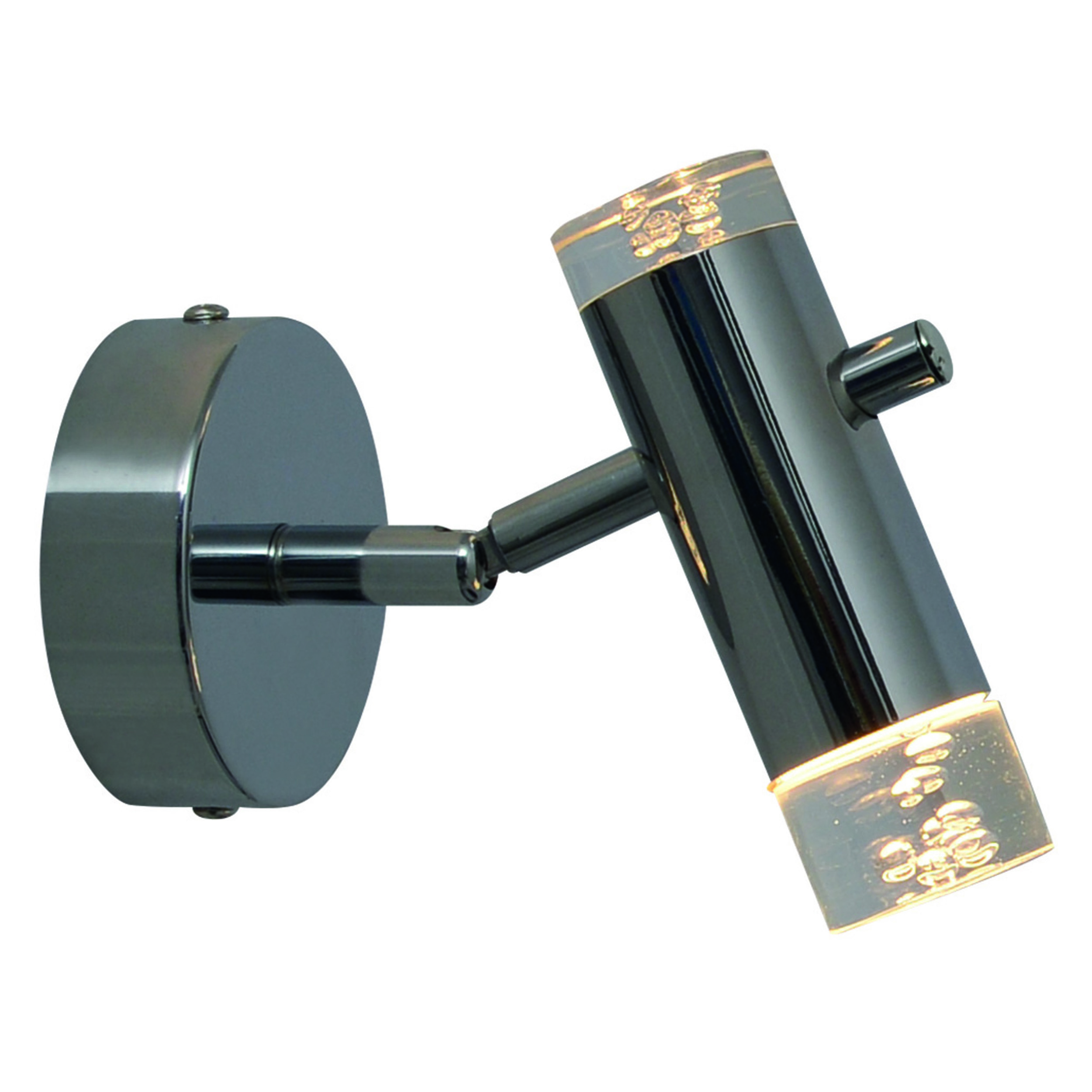 Chrom-Wandleuchte. Runde Basis mit abgewinkeltem Arm, der einen Zylinder mit klarem Glas und Licht hält.