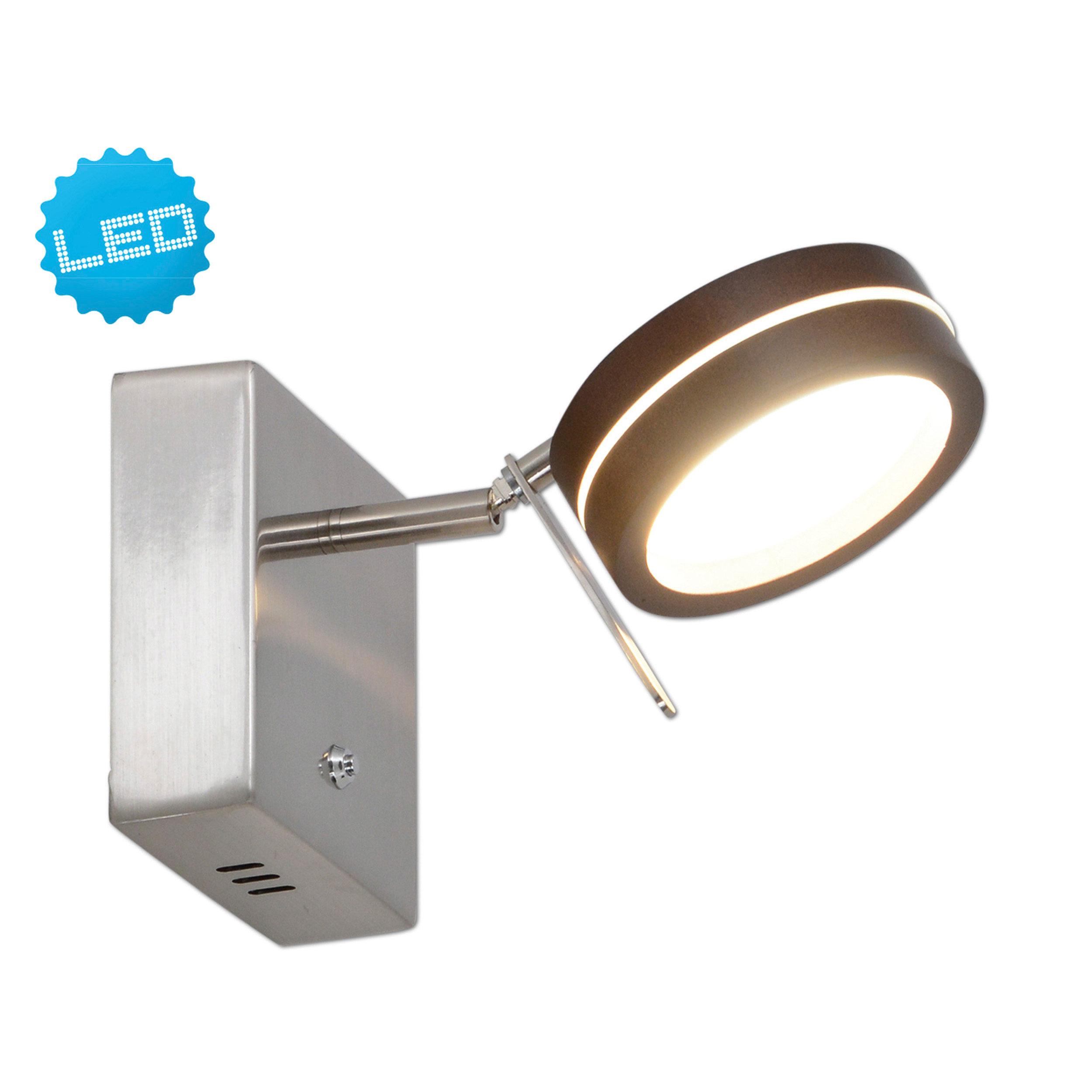 Eine wandmontierte LED-Lampe mit silberfarbenem Sockel und schwarzem, kreisförmigem Leuchtenkopf.