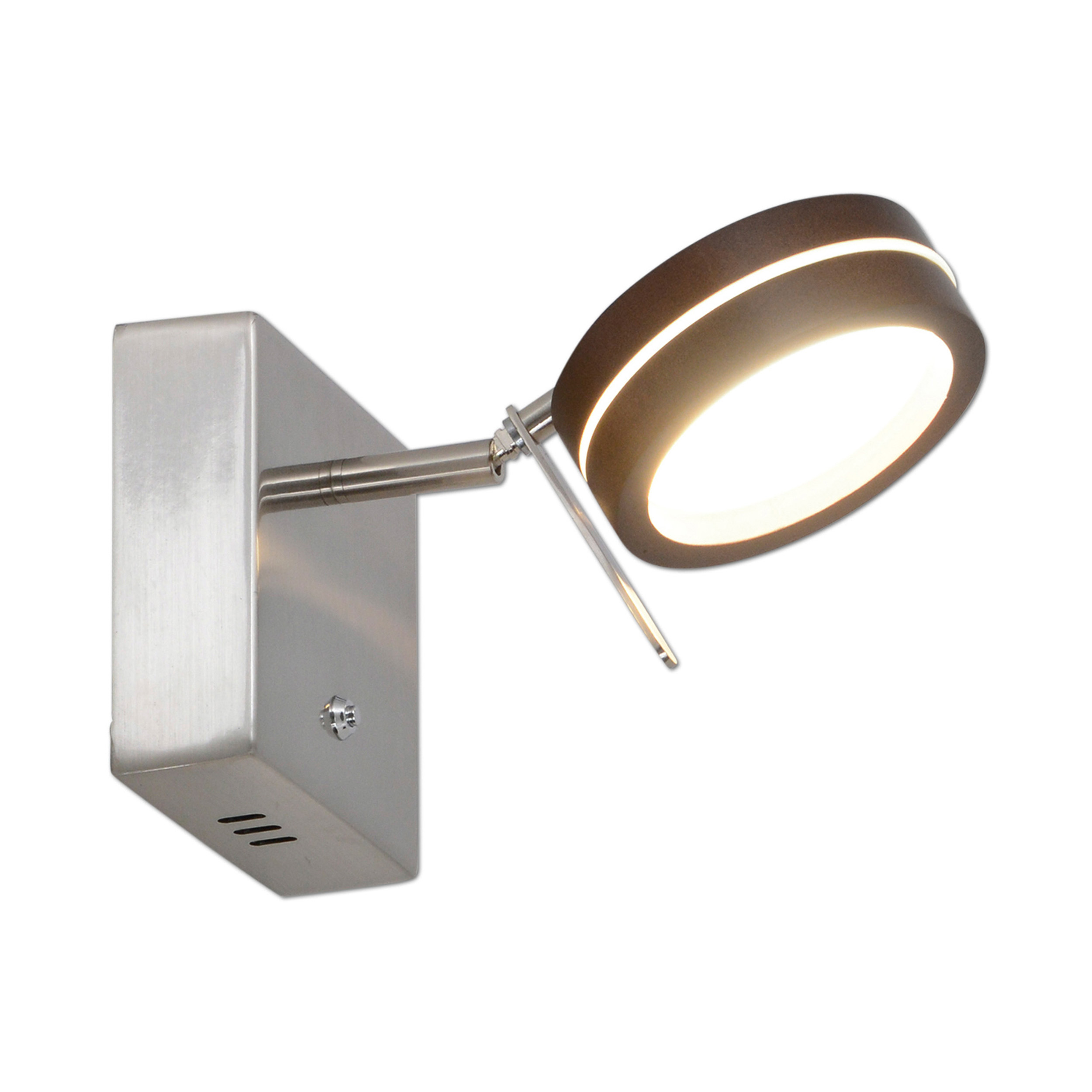 Moderne Wandleuchte. Sie hat einen silbernen Sockel und eine kreisförmige, schwarze Lichtquelle.