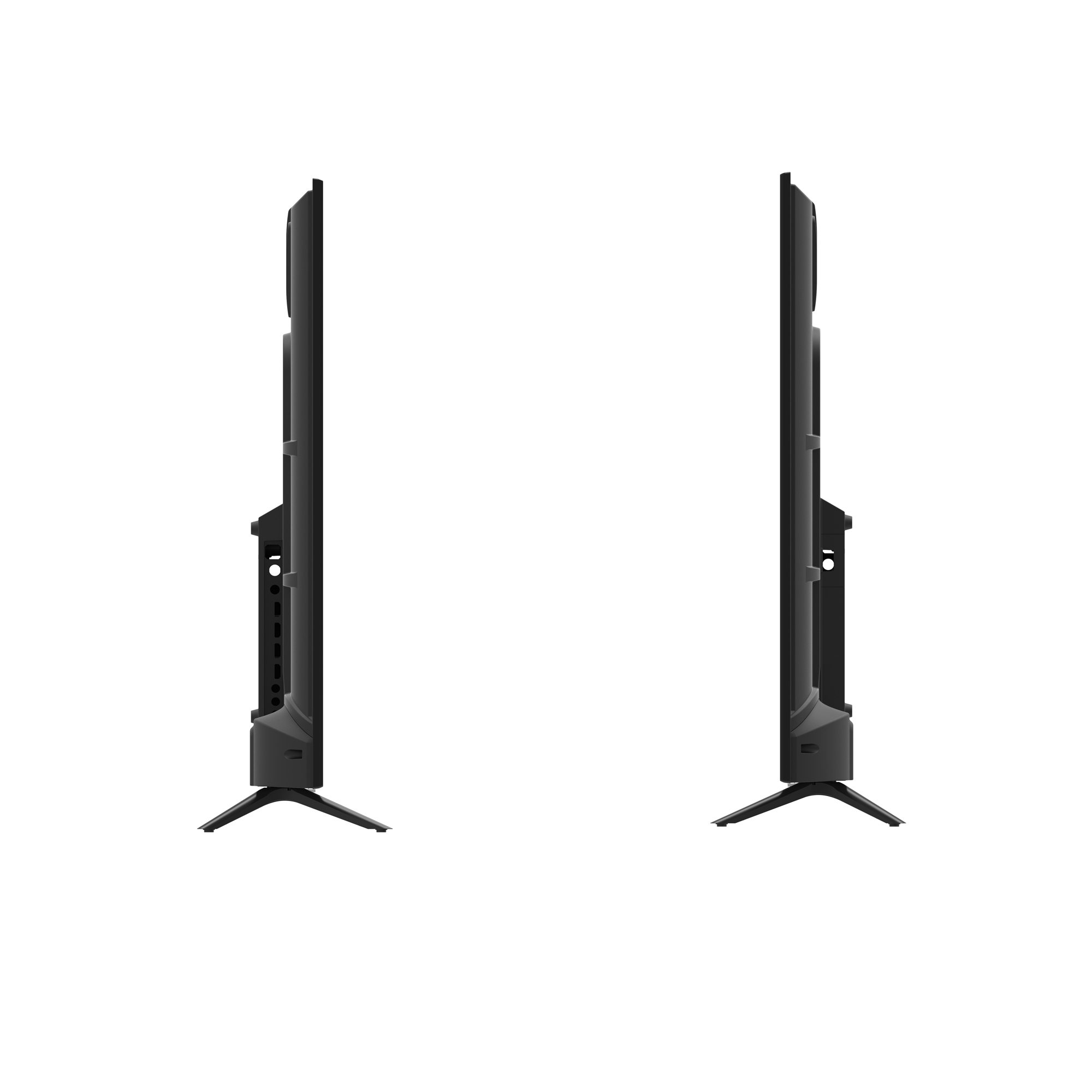 Dos televisores negros, vista lateral, con soportes, fondo blanco.