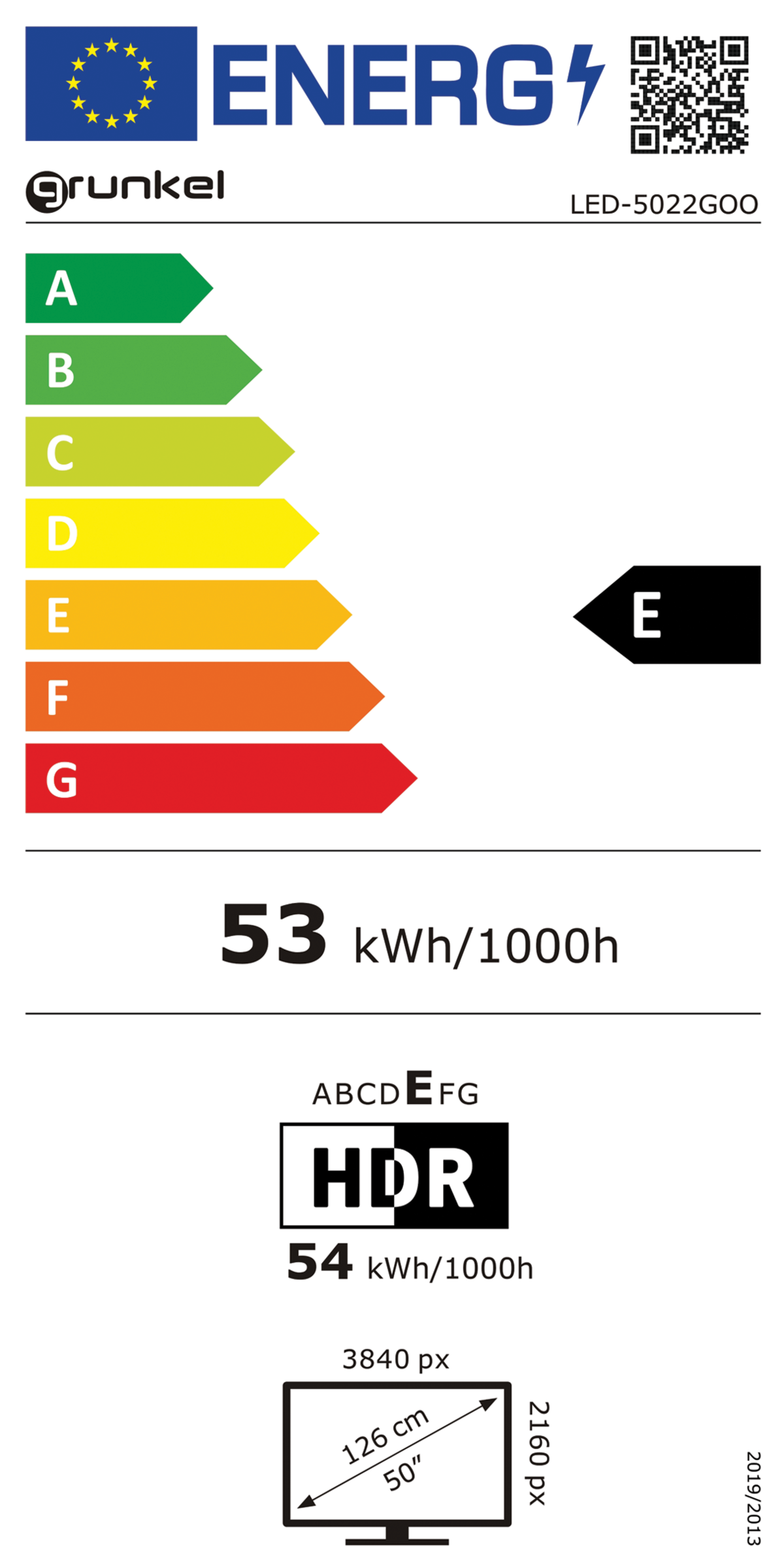 Etiqueta de eficiencia energética con clasificaciones e información sobre un televisor.