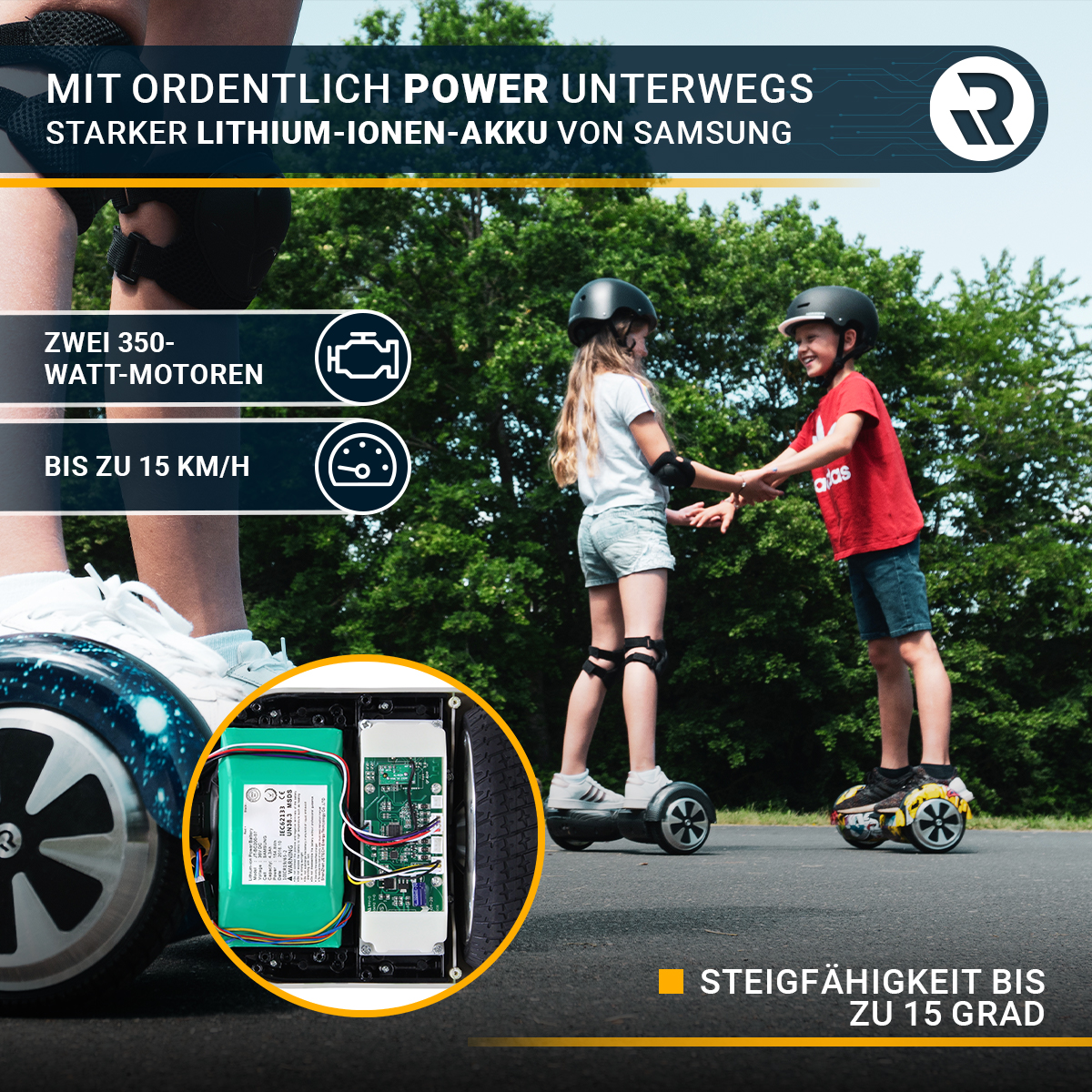 Zwei Kinder auf Hoverboards, Nahaufnahme des Boards und Text über Leistung und Geschwindigkeit.