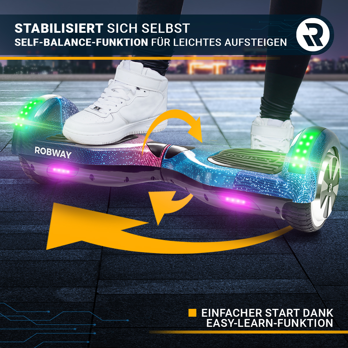 Person auf Hoverboard mit Pfeilen und Text zu Selbstausgleich und einfachem Start.