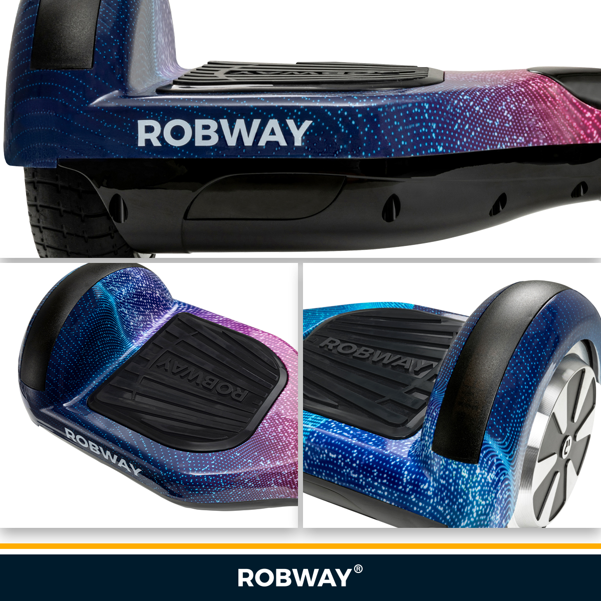 Nahaufnahmen eines blau, lila und schwarzen Robway Hoverboards, die sein Design und seine Merkmale hervorheben.