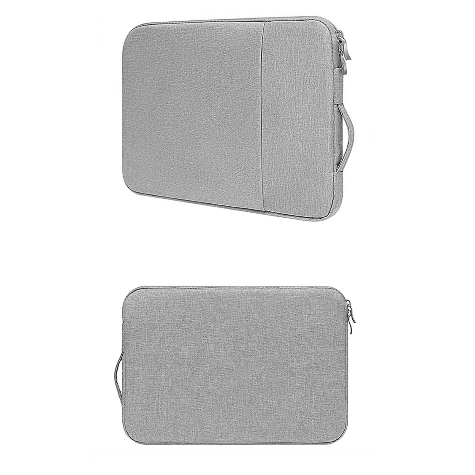 Graue Laptoptasche mit Reißverschluss und Griff. Zwei Ansichten: oben und vorne.