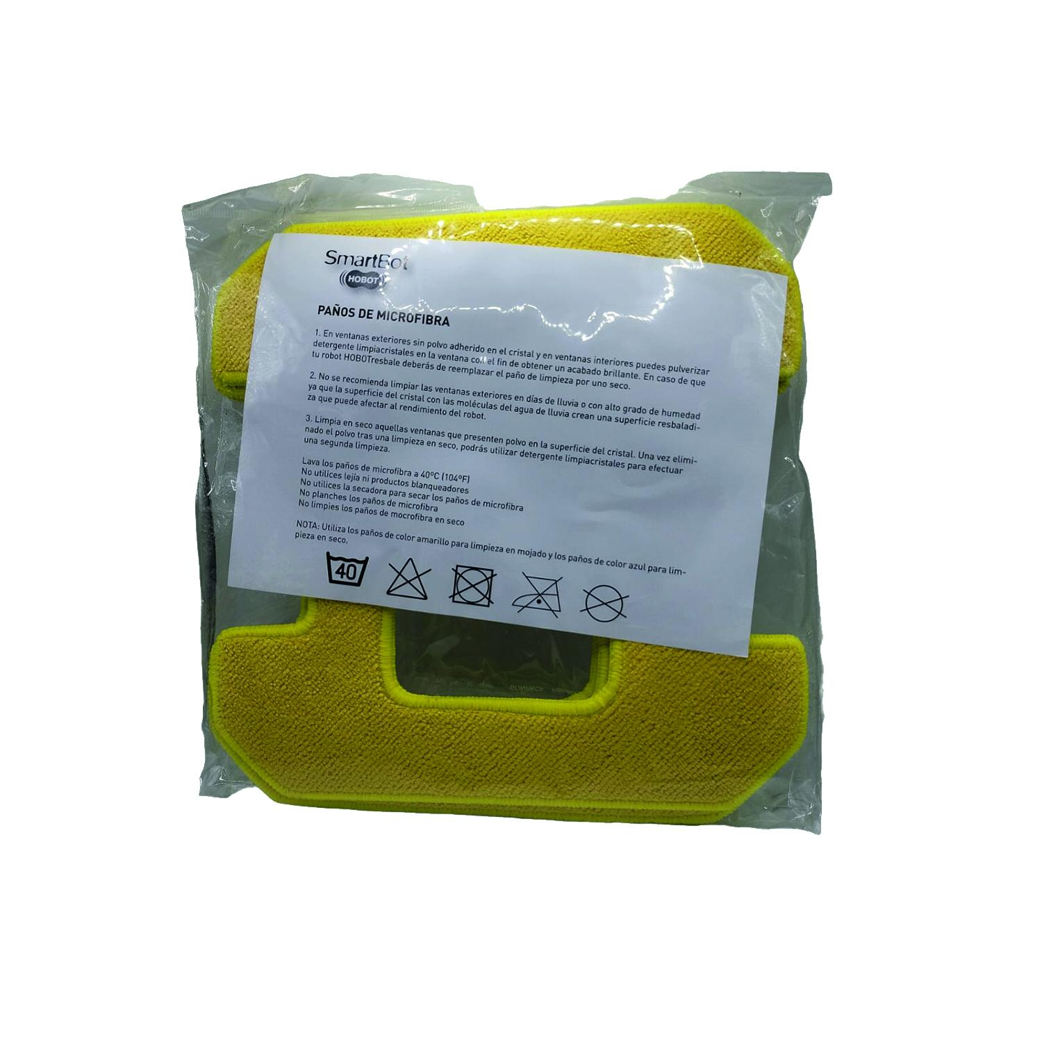 Paños de microfibra amarillos en una bolsa de plástico transparente. Texto blanco en la bolsa.