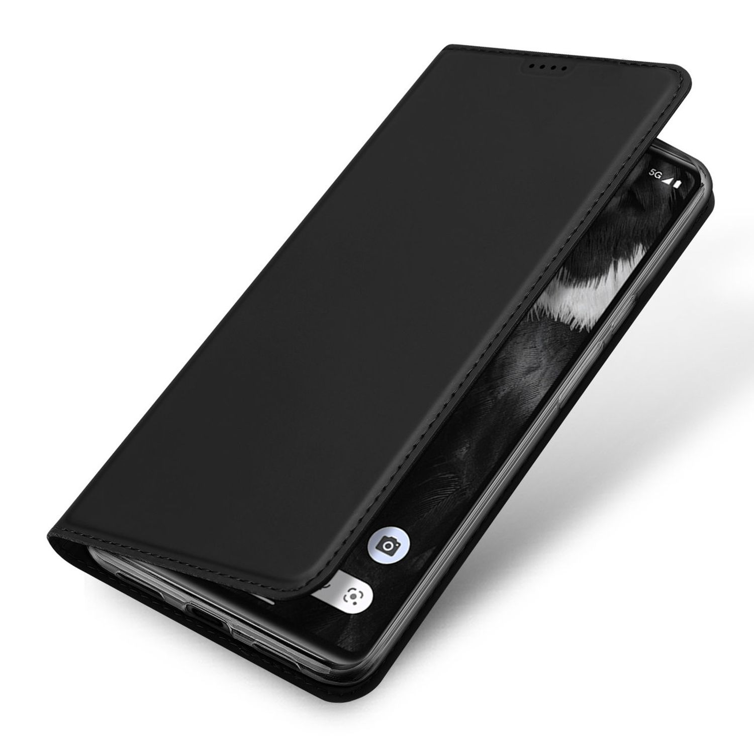 Schwarze Handyhülle, geöffnet, zeigt einen Telefonbildschirm. Die Hülle liegt auf weißem Untergrund.