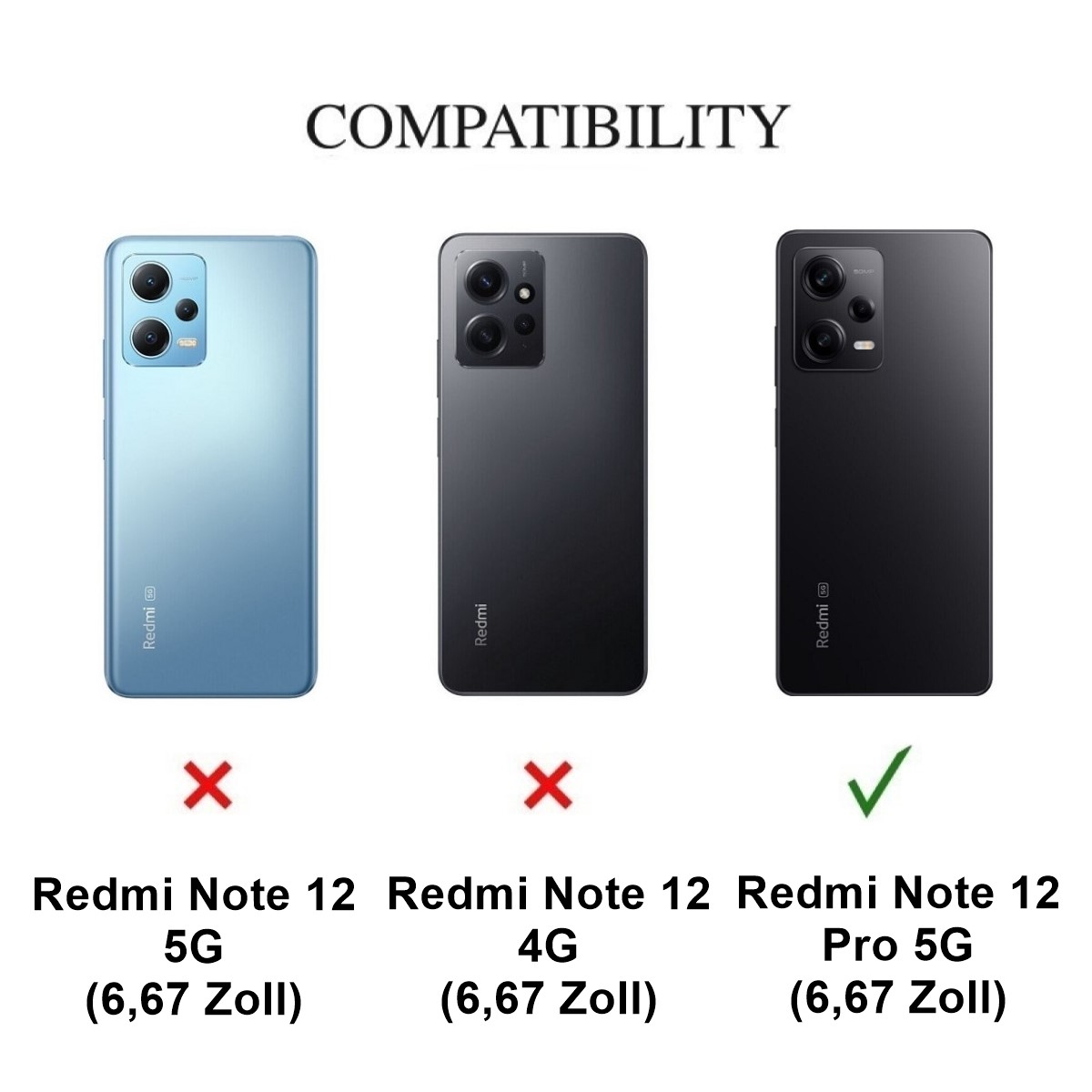 Drei Telefone mit dem Text 'COMPATIBILITY'. Nur das Pro 5G-Modell ist mit dem Gehäuse kompatibel.