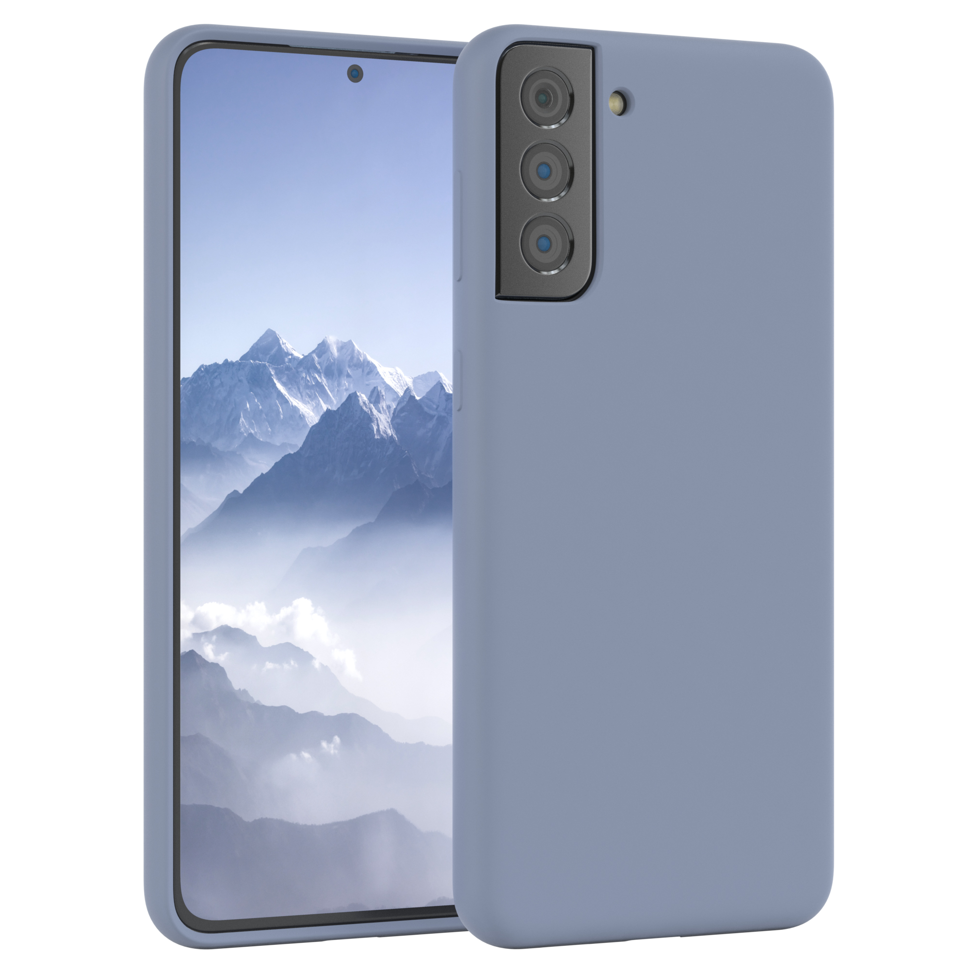 Blaue Handyhülle mit Telefon. Telefon zeigt Kamera. Weißer Hintergrund, schräge Ansicht.