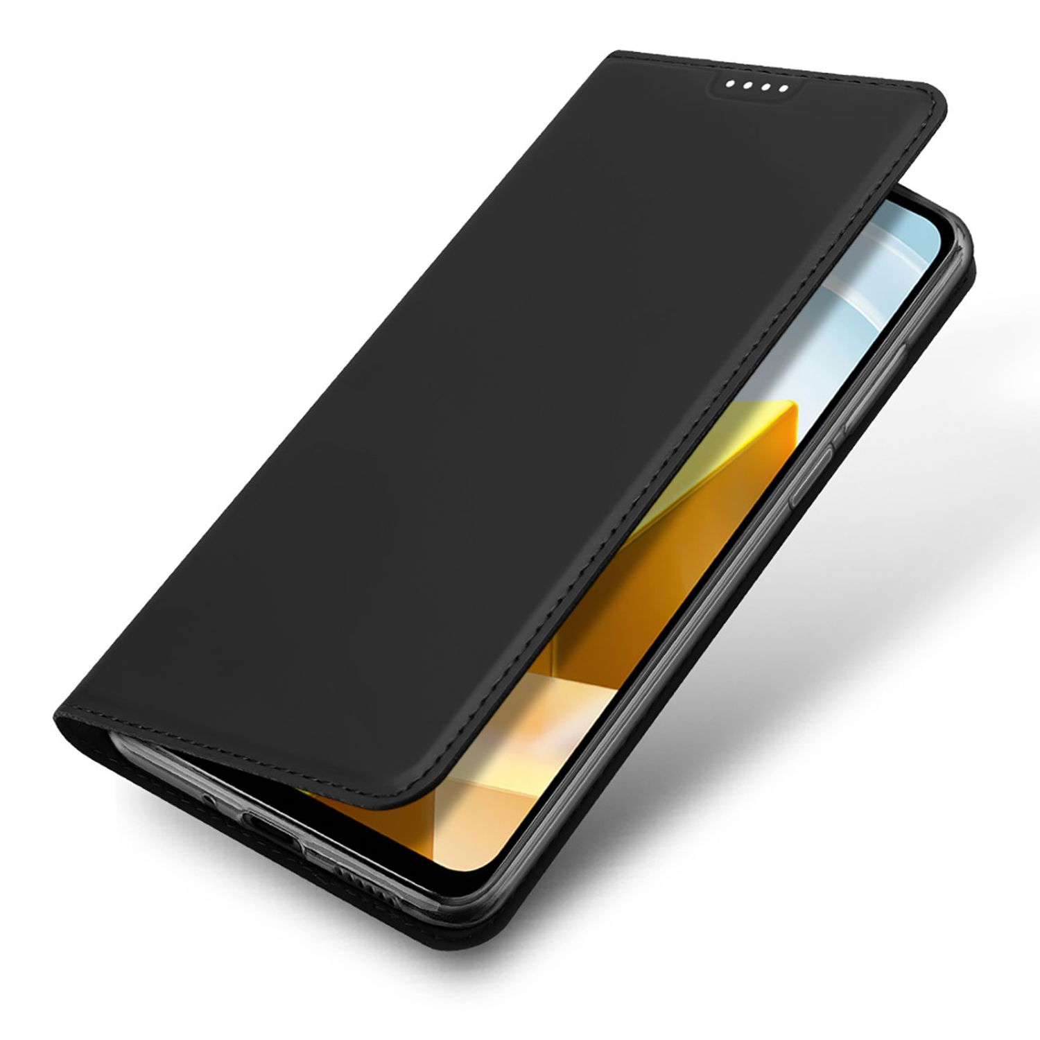 Schwarze Handyhülle mit Magnetverschluss, offen. Das Telefon ist innen.