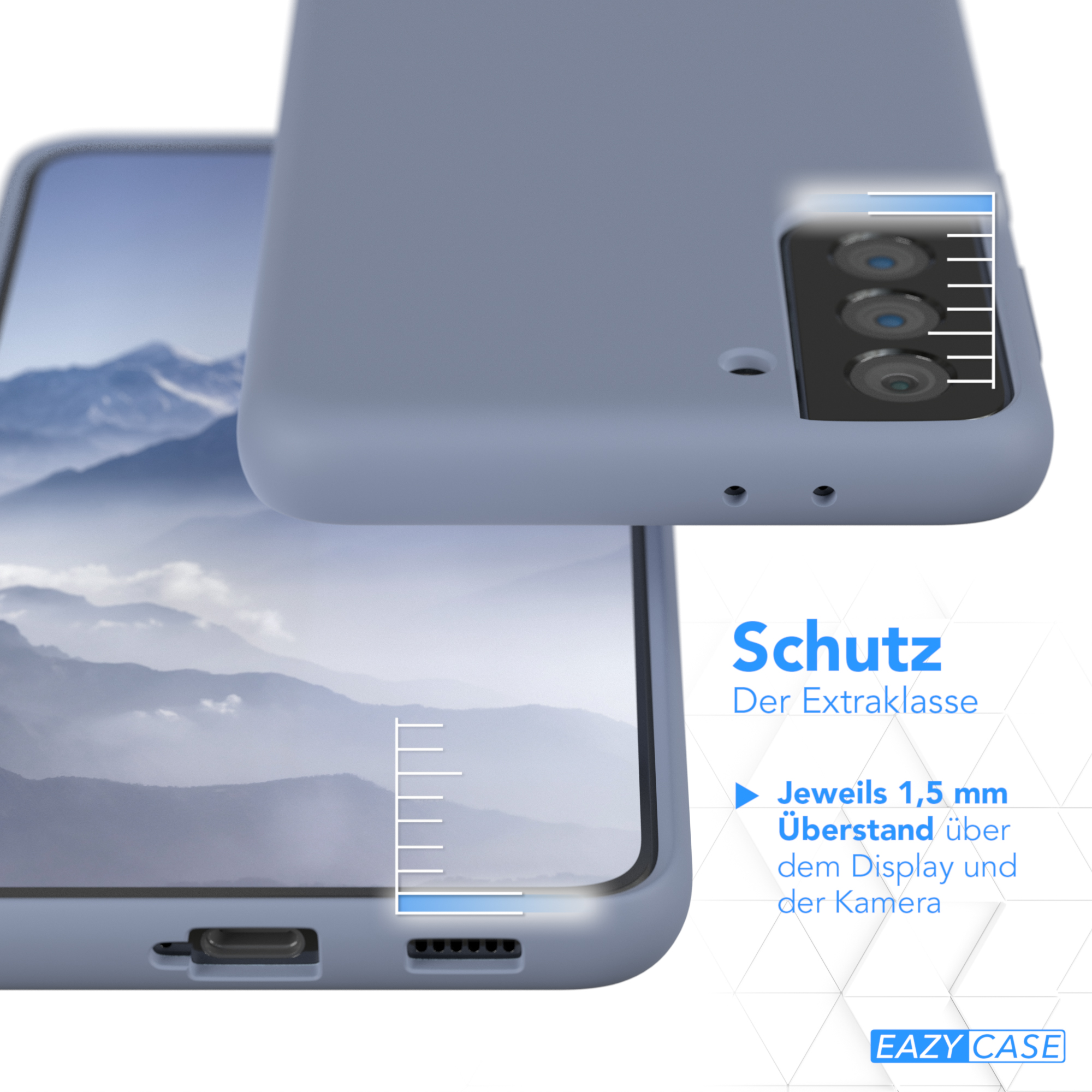 Handyhülle mit blauem Cover. Text: Schutz. 1,5 mm Überstand über Display und Kamera.