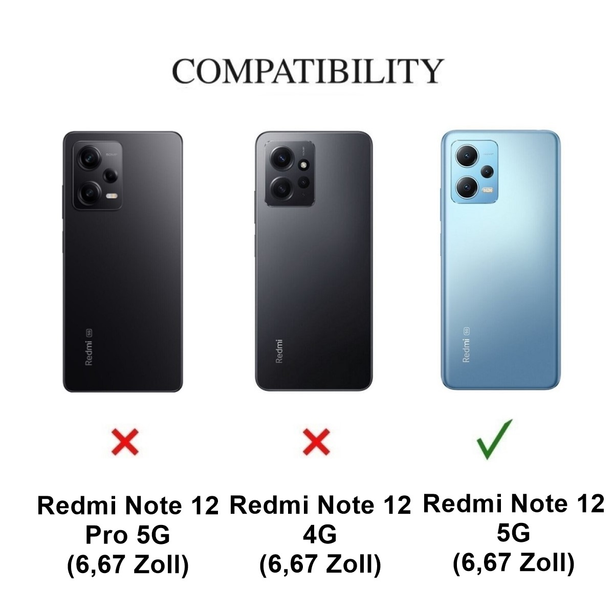 Telefon-Kompatibilitätstabelle: Redmi Note 12 Pro 5G, Redmi Note 12 4G (X) und Redmi Note 12 5G (Haken).