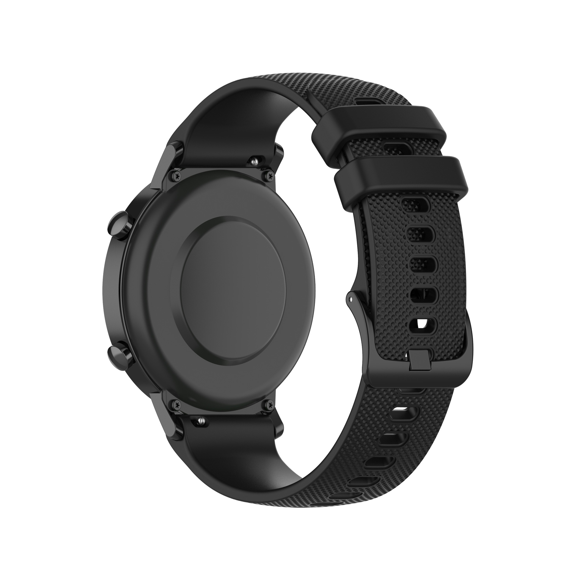 Czarny smartwatch z czarnym paskiem, widok z tyłu, pokazujący czujnik i mocowanie paska.