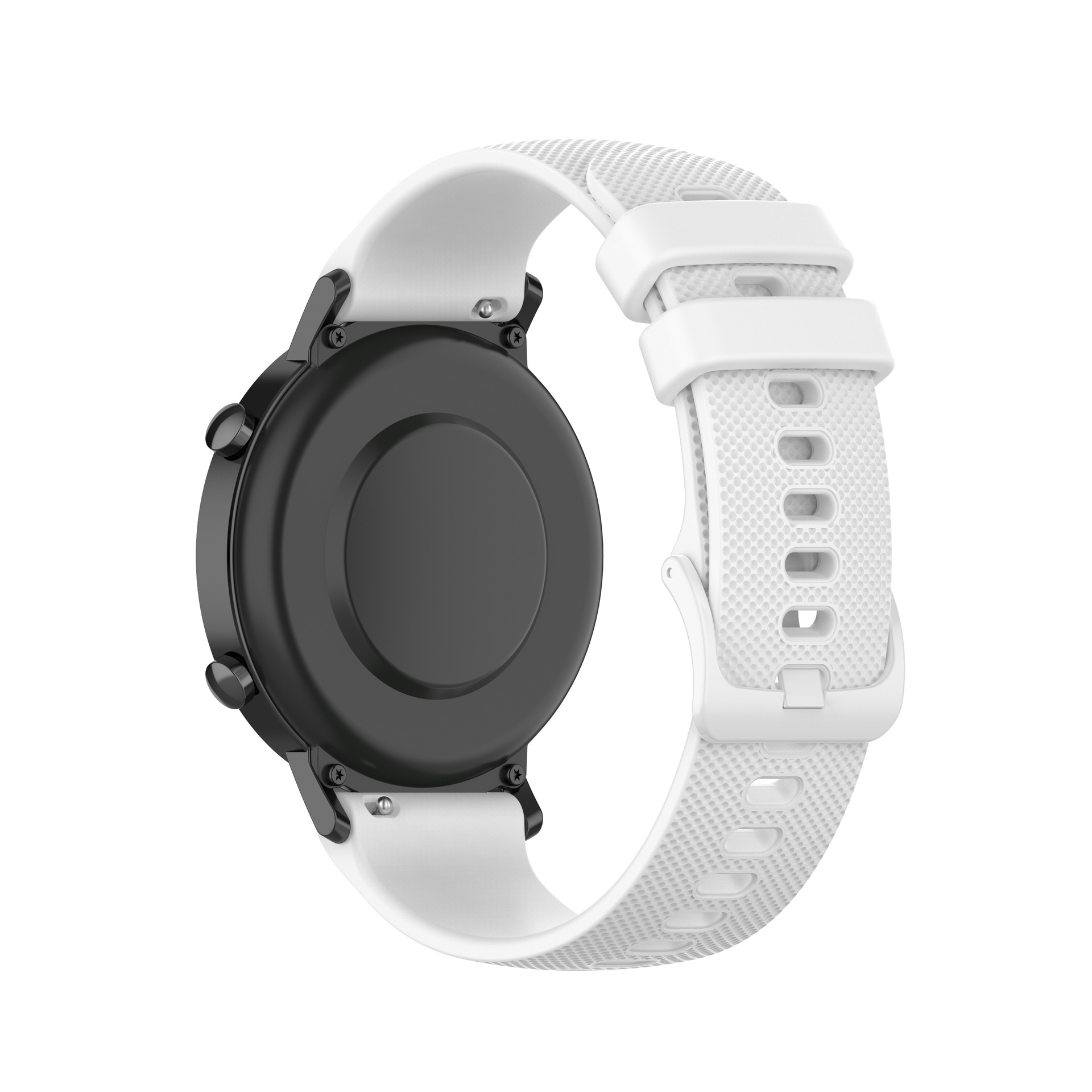 Rückseite einer schwarzen Smartwatch mit weißem Armband. Das Armband ist perforiert und hat eine Schnalle.