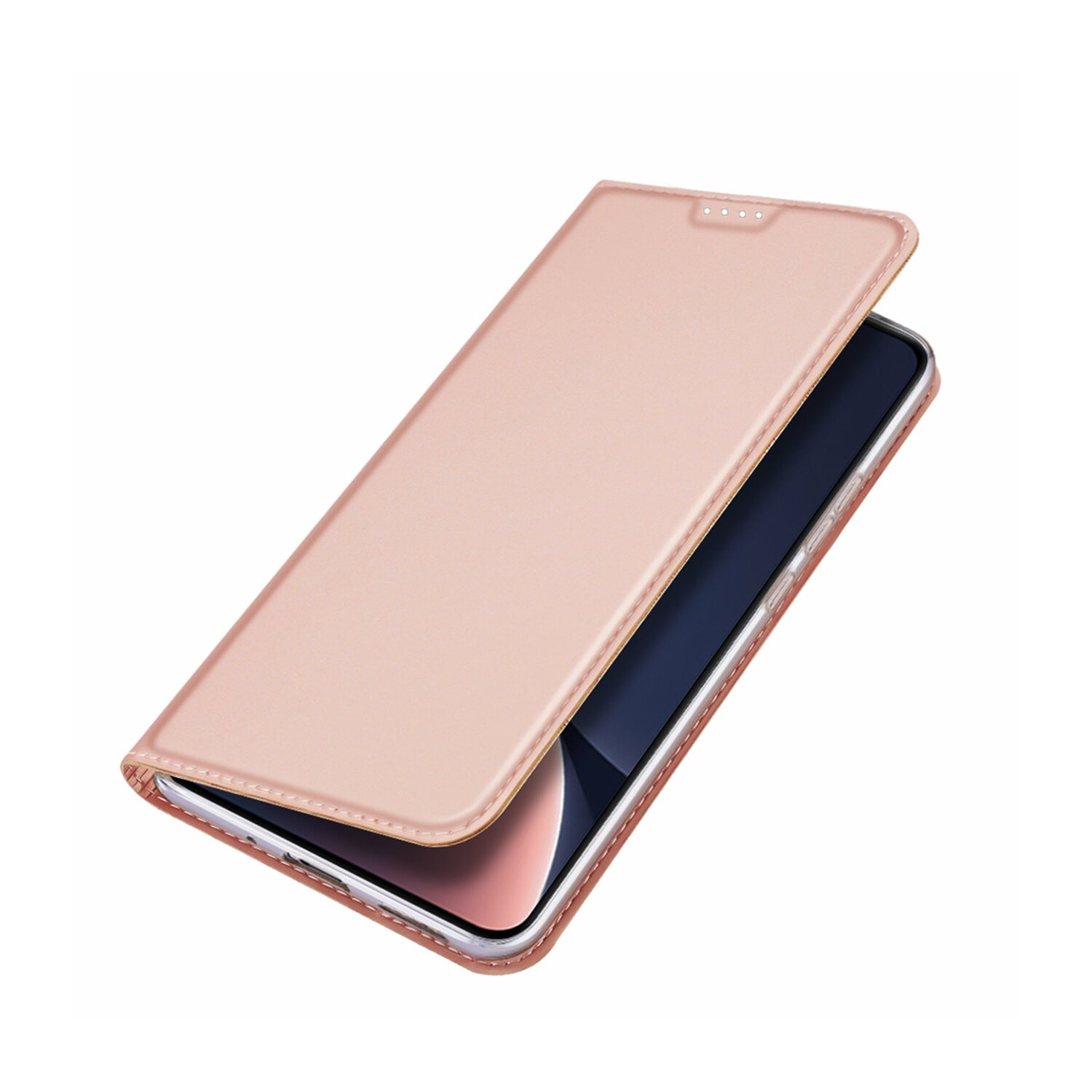 Eine roségoldene Handyhülle, geöffnet, ein Handy darin zeigend, auf weißem Untergrund.