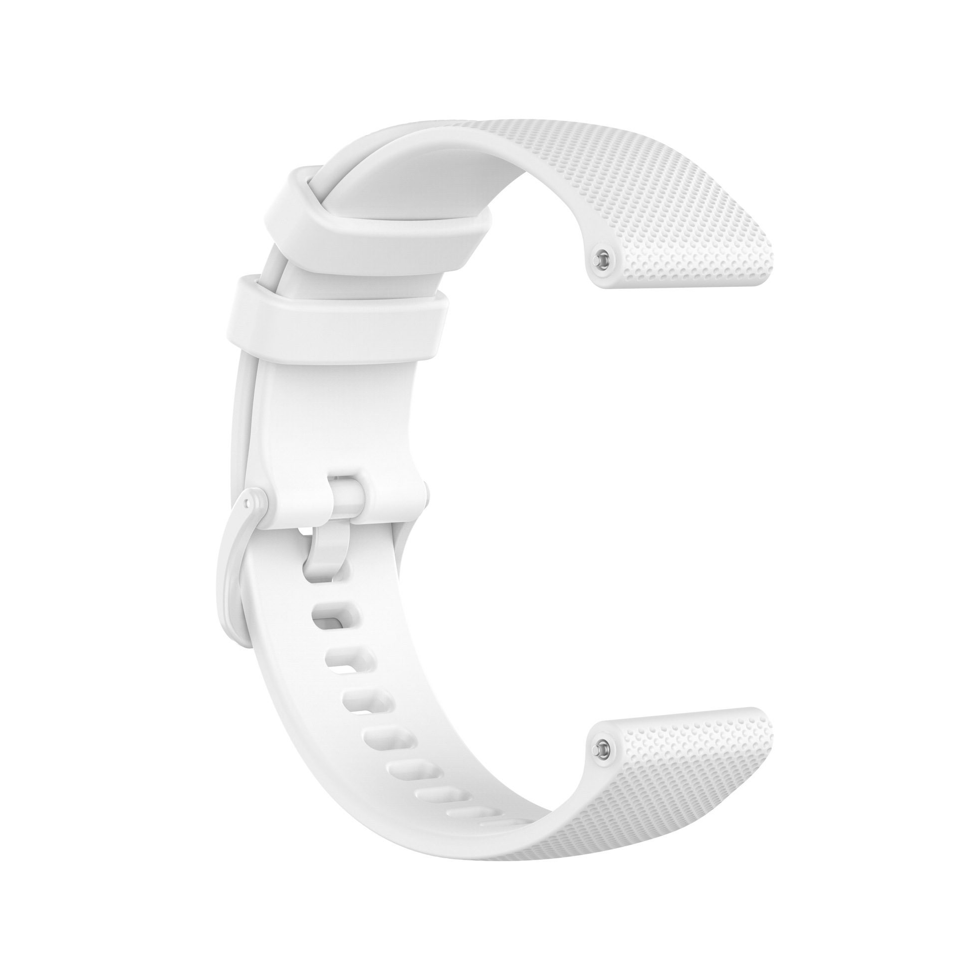 Weißes Uhrenarmband mit strukturierten Abschnitten und einer Schnalle, isoliert auf weißem Hintergrund.