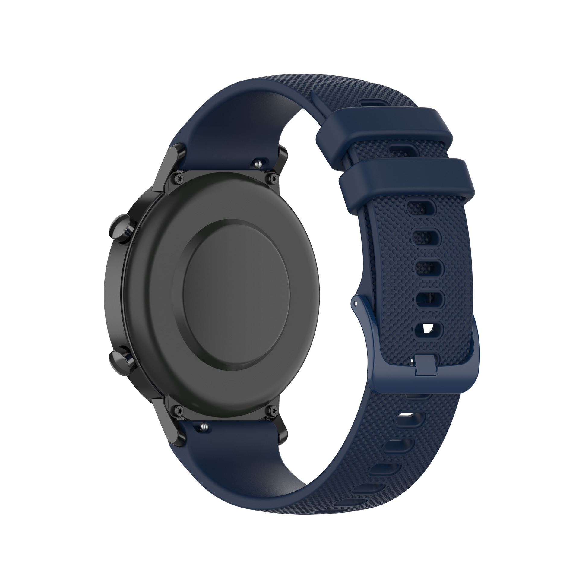 Dunkelblaue Smartwatch mit blauem Armband, Rückseite und Armband.