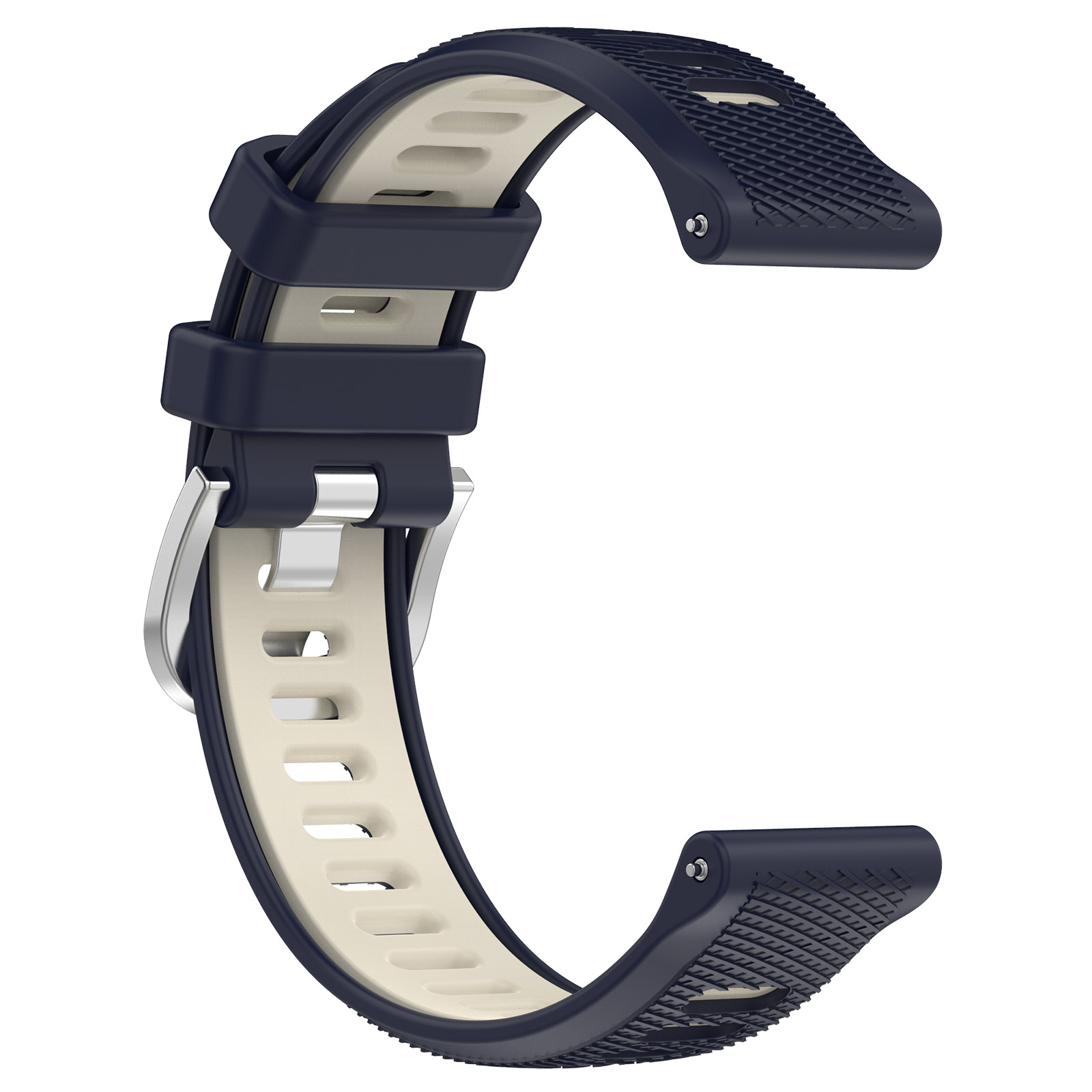 Marineblaues und beiges Uhrenarmband mit silberner Schnalle.