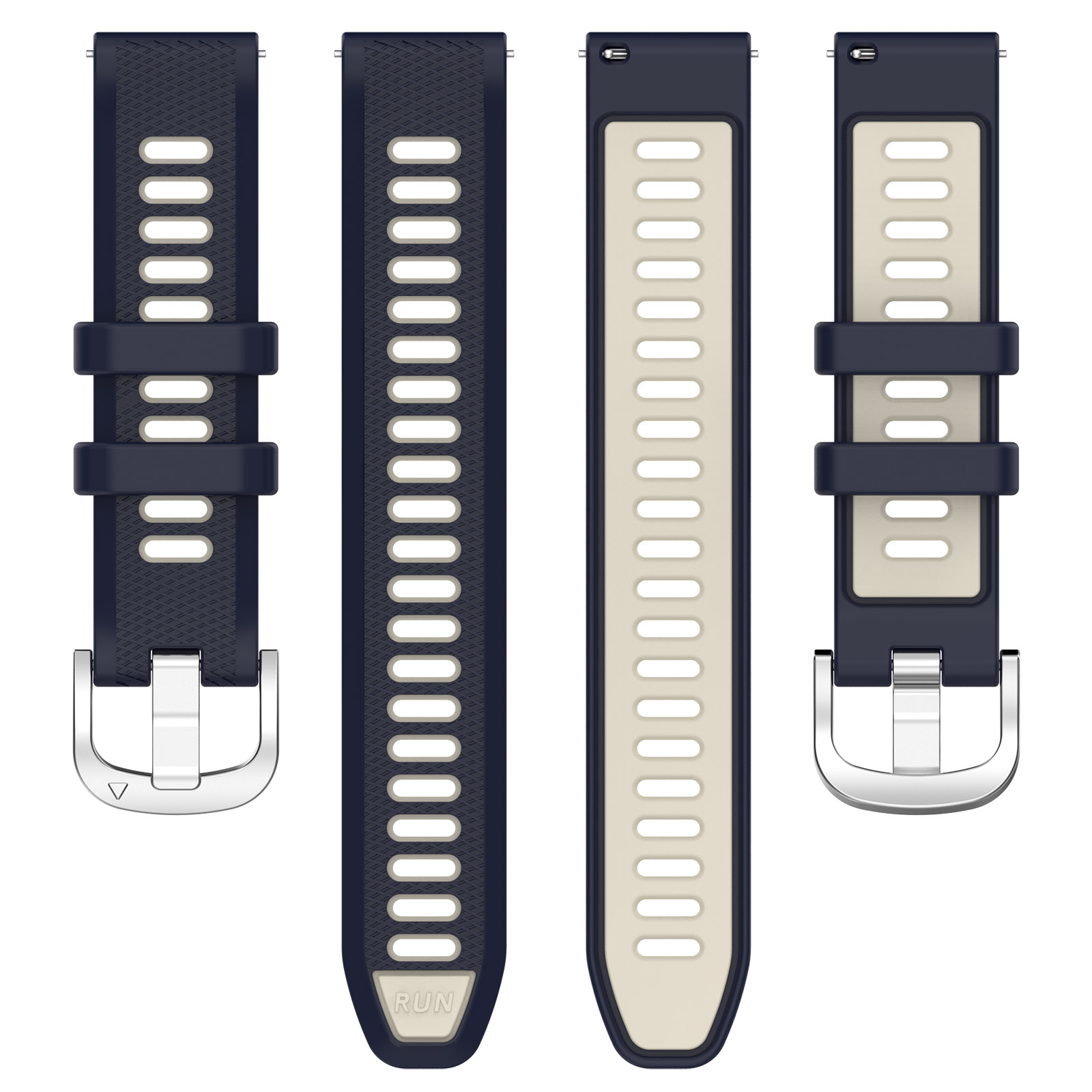 Zwei Uhrenarmbänder: eines marineblau mit silberner Schnalle und eines mit beigem Innenband.