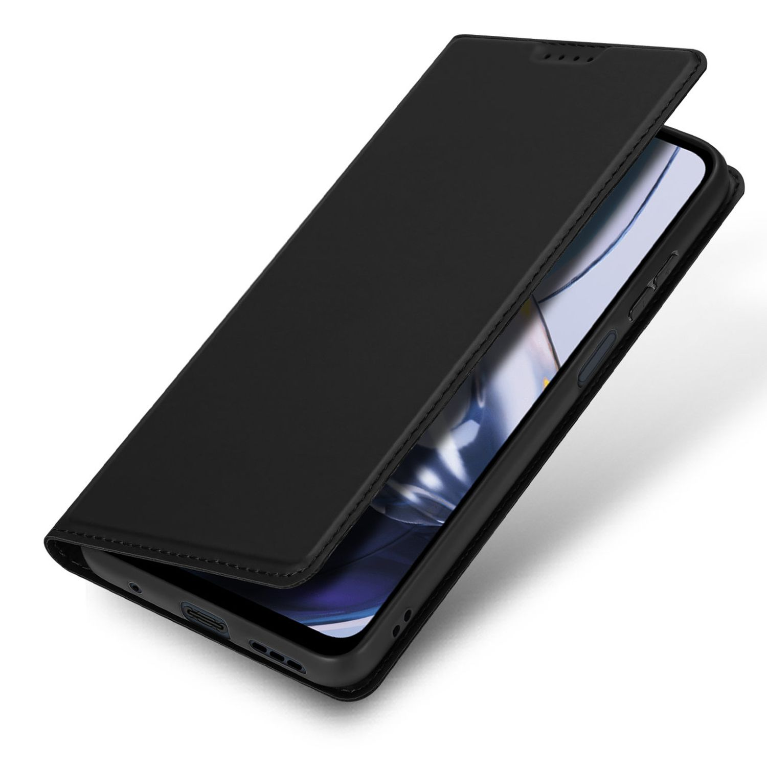 Schwarze Handyhülle, geöffnet, um einen Telefonbildschirm freizulegen.