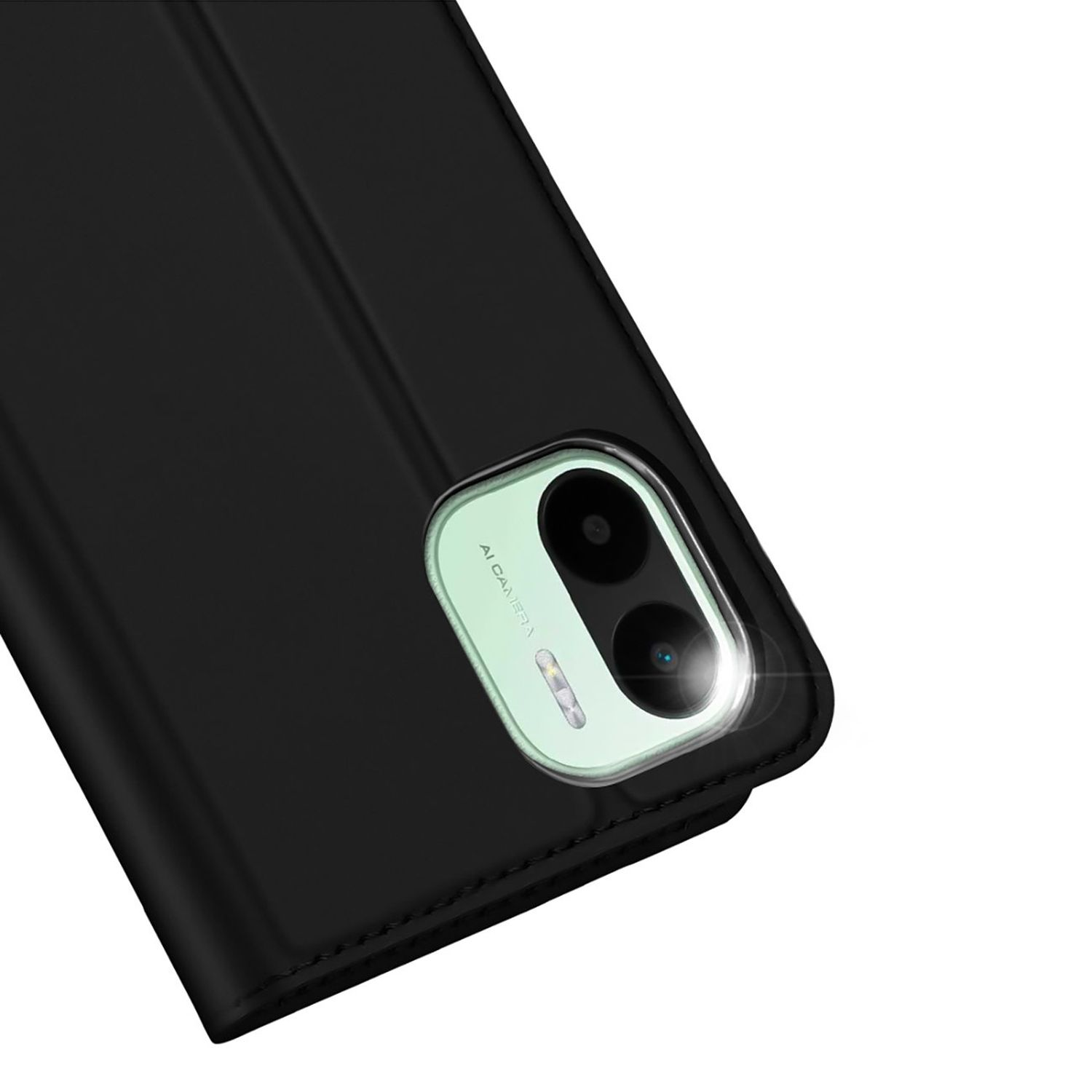 Schwarze Handyhülle mit Telefon. Der Kamerabereich ist sichtbar. Schwarzes Gehäuse mit silbernen Kameradetails.