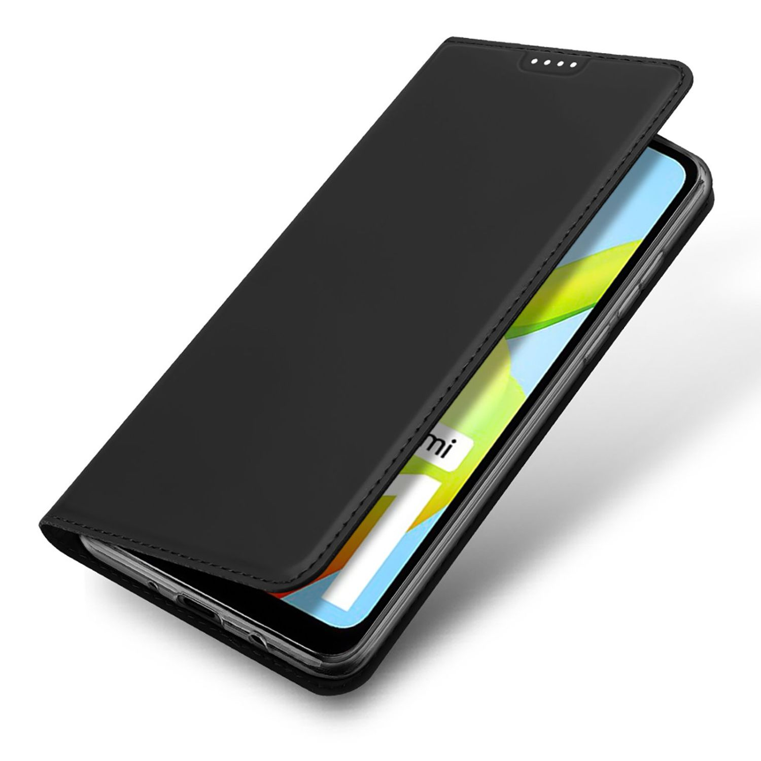 Schwarze Handyhülle in geöffneter Position, zeigt ein Handy. Der Bildschirm zeigt Farben und den Markennamen.