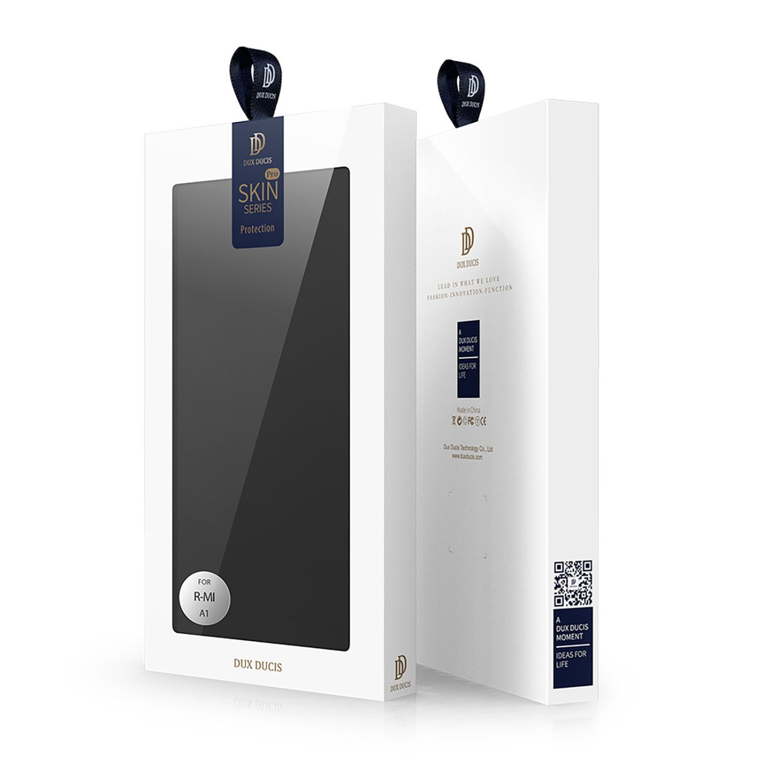 Weiße DUX DUCIS-Box mit einer Handyhülle darin. Text Skin Series Protection und FÜR R-MI A1.