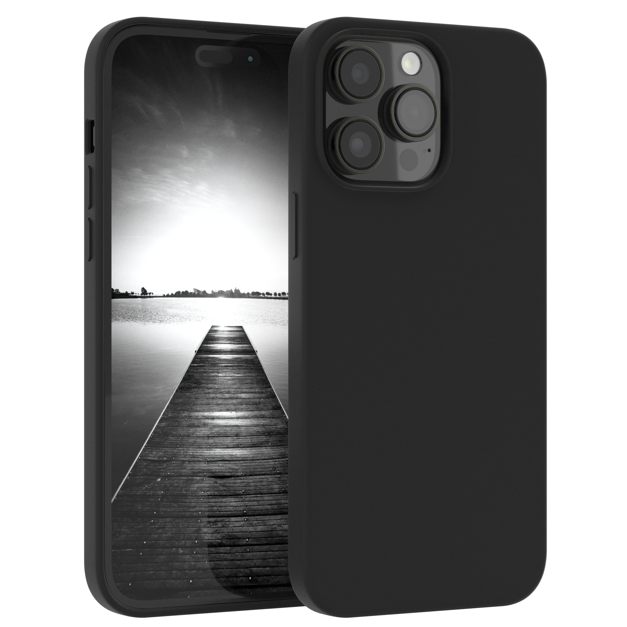 Schwarzes Smartphone in schwarzer Hülle mit Naturszene im Hintergrund.