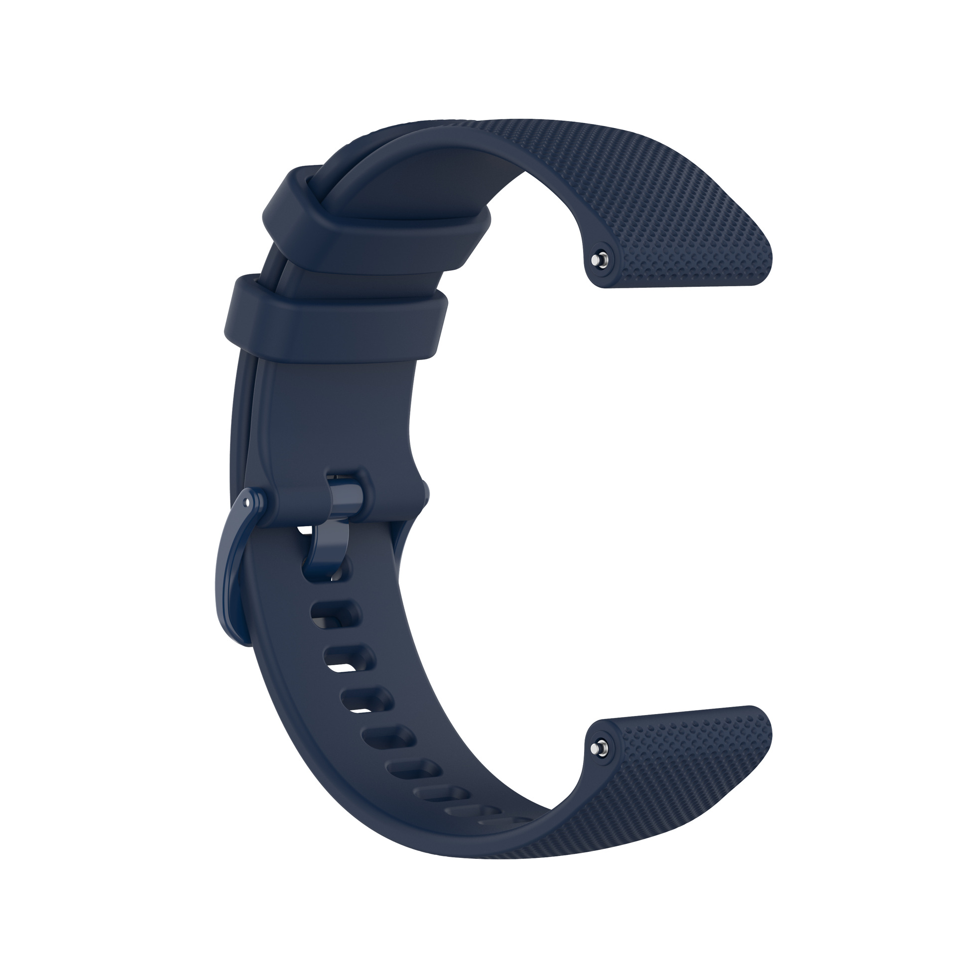 Dunkelblaues Uhrenarmband mit strukturierter Oberfläche und Schnalle. Es ist gebogen und bereit zur Befestigung.