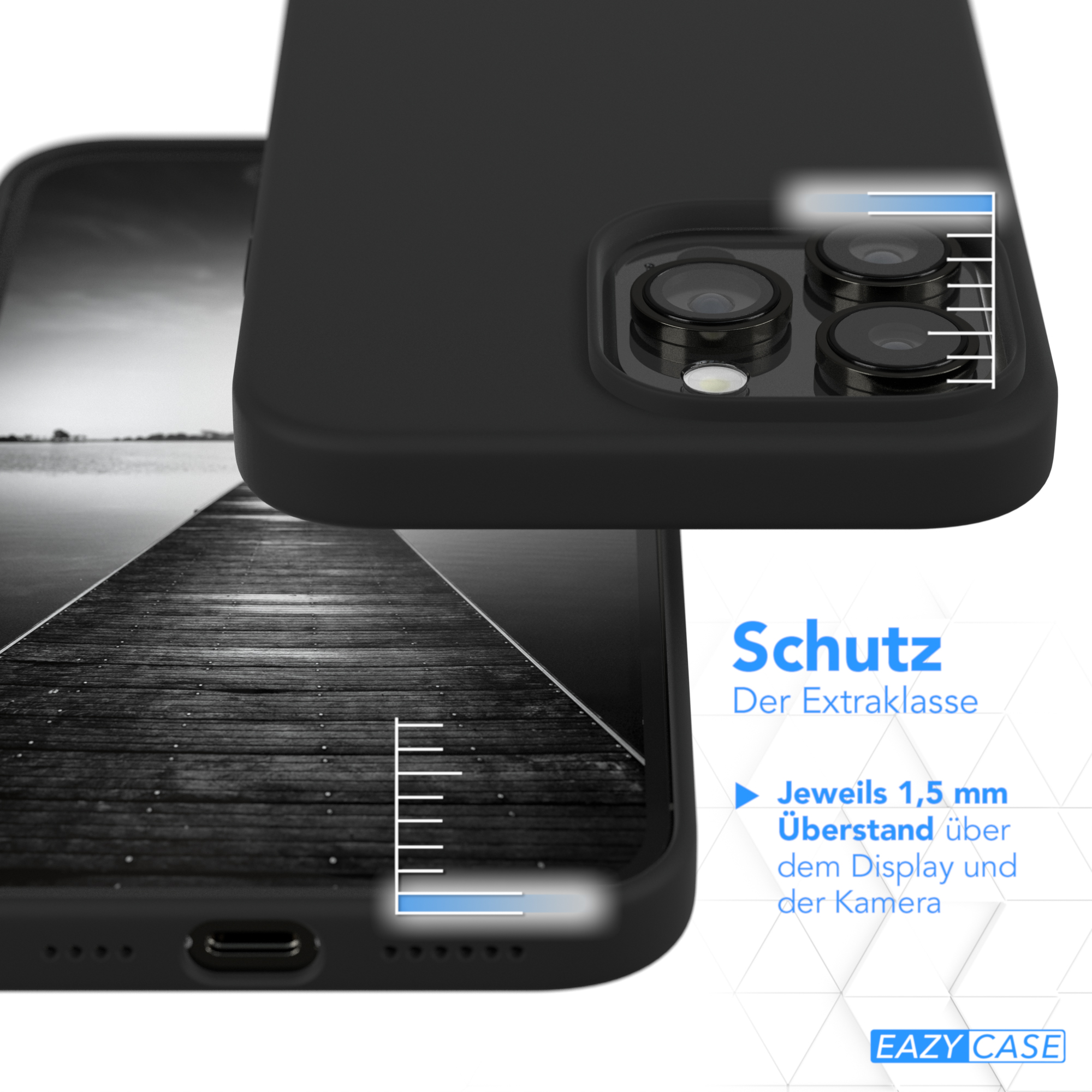 Schwarzes Telefon und Hülle. Grafik zeigt Abstand von Kamera und Display. Text: extra Schutz.