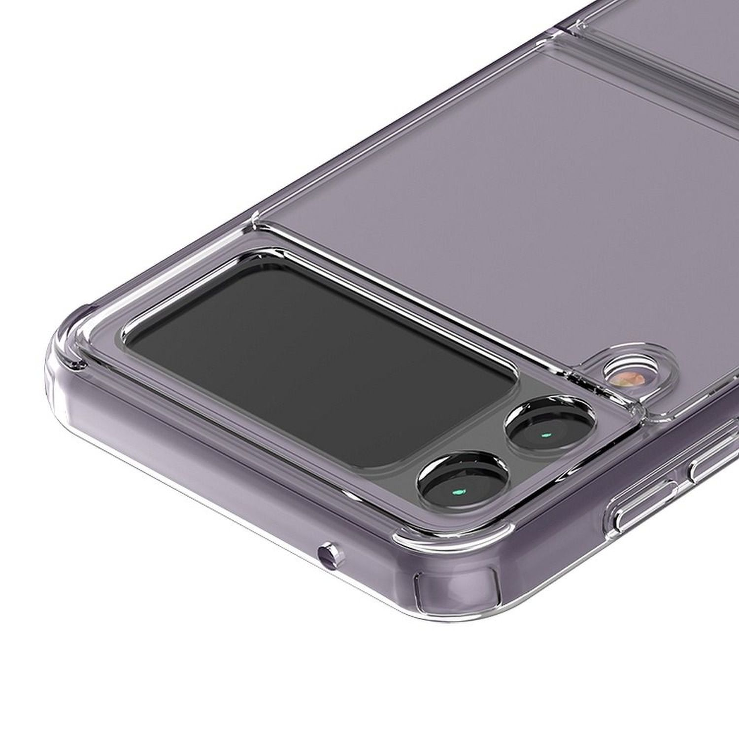 Nahaufnahme einer Handyhülle mit transparentem Design, Kamera und Bildschirm.