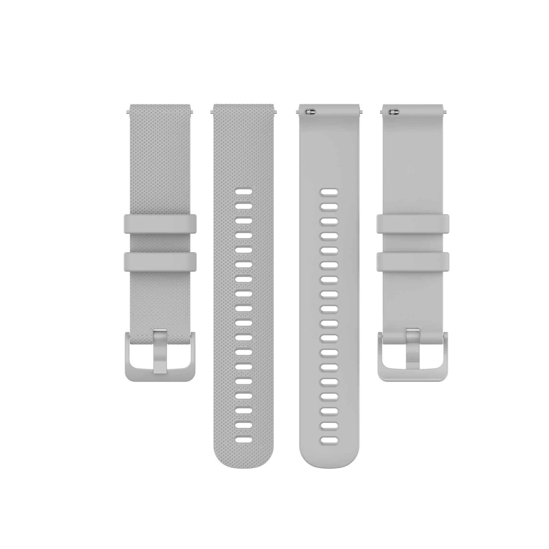 Drei graue Smartwatch-Armbänder mit Metallschnallen. Zwei nebeneinander, eins oben.