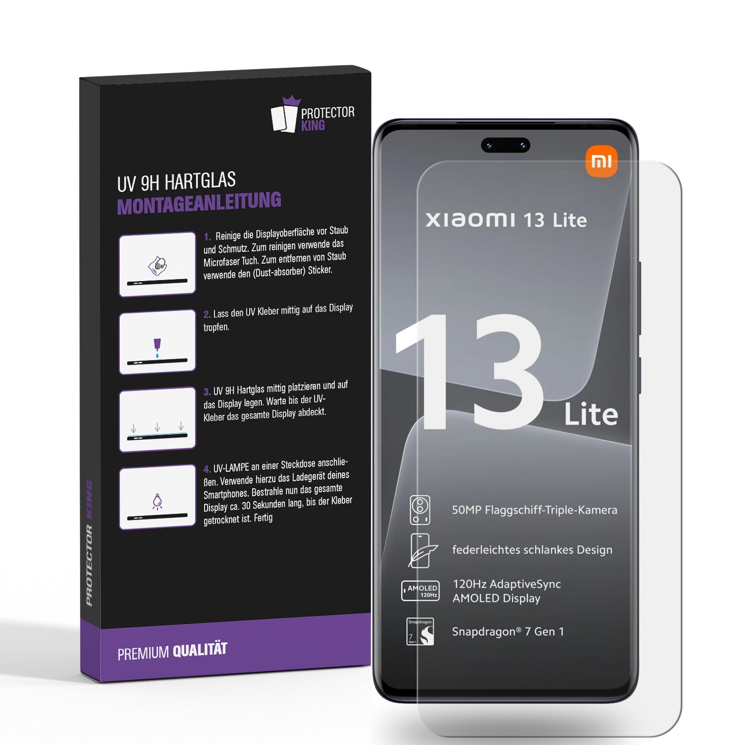 PROTECTORKING 2x UV Liquid Displayschutzfolie(für Lite) Panzerglas HD 13 Xiaomi KLAR 9H