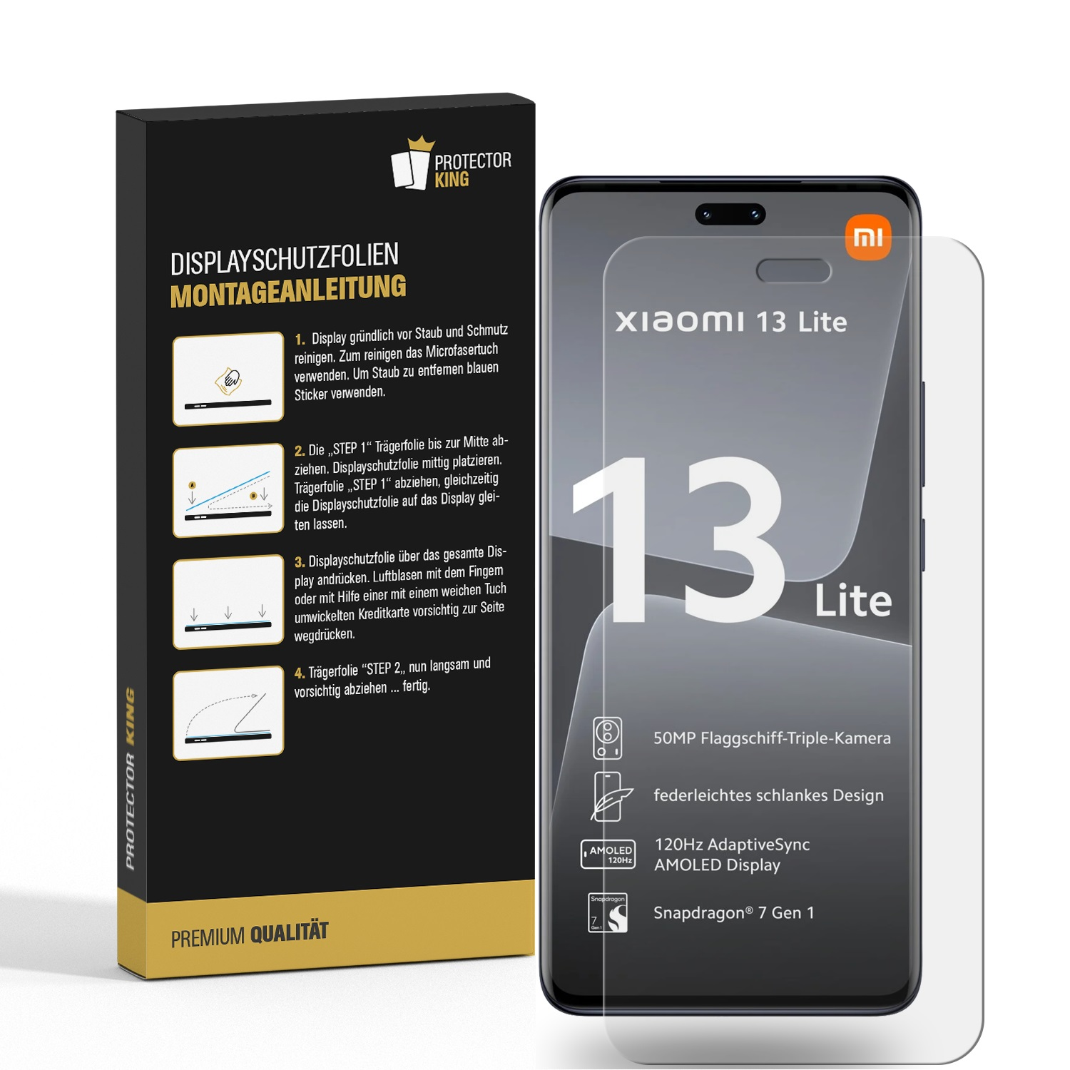 Xiaomi 13 Lite und Displayschutzfolie. Die Box zeigt Installationsschritte und Telefonfunktionen.