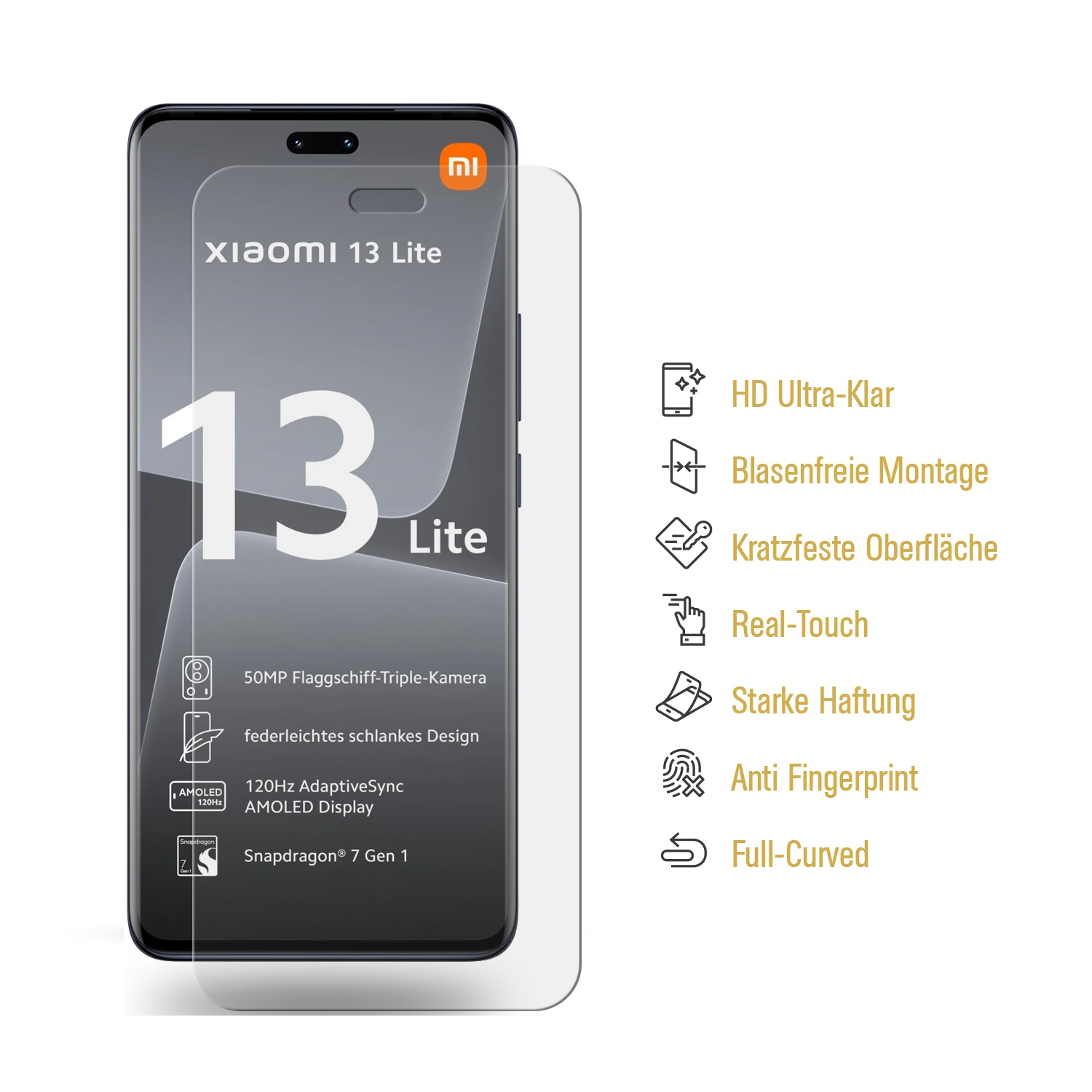 Ein Telefon mit Displayschutzfolie und Symbolen der Bildschirminhalte.
