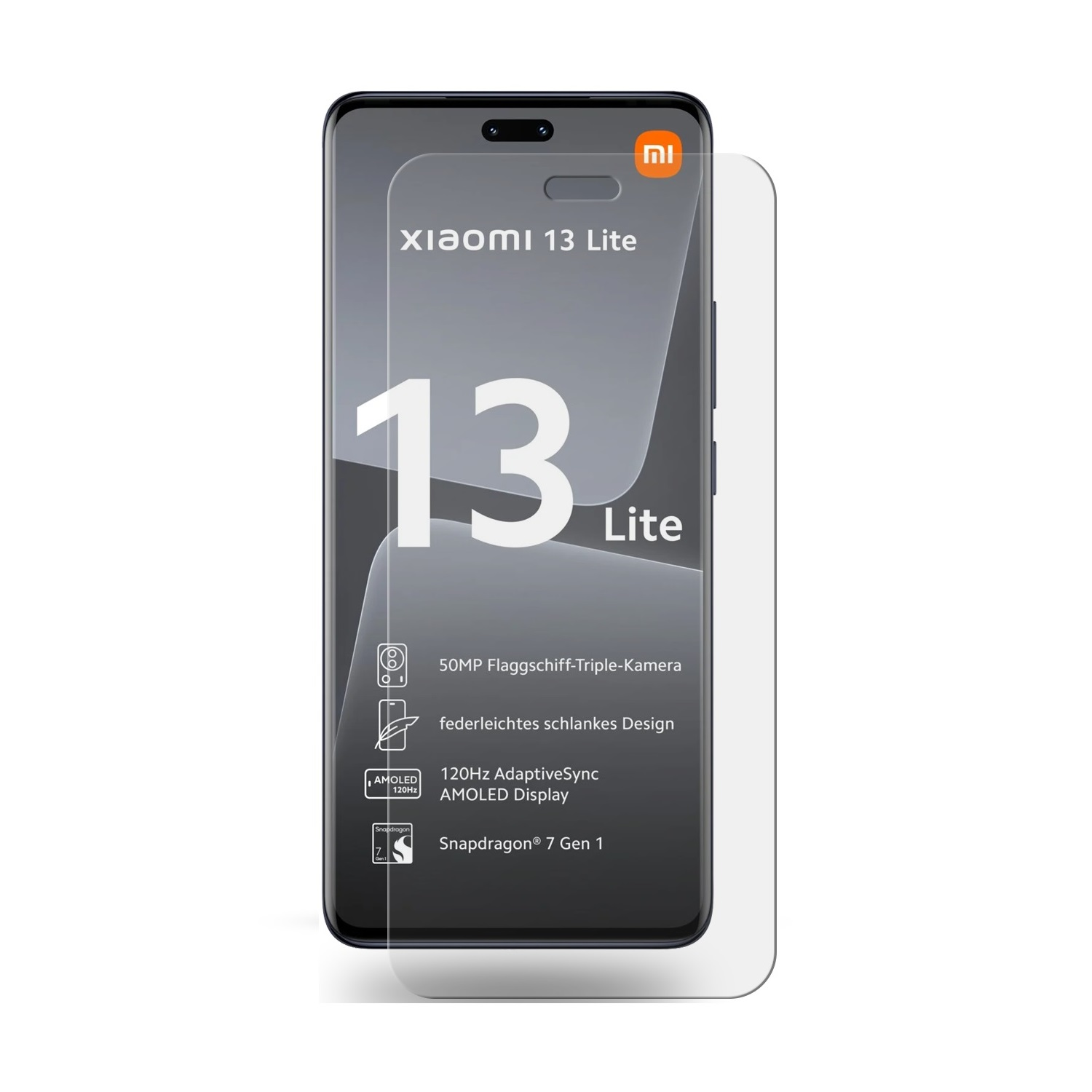 Xiaomi 13 Lite Handy mit Displayschutzfolie. Weißer Hintergrund. Text auf dem Handy.