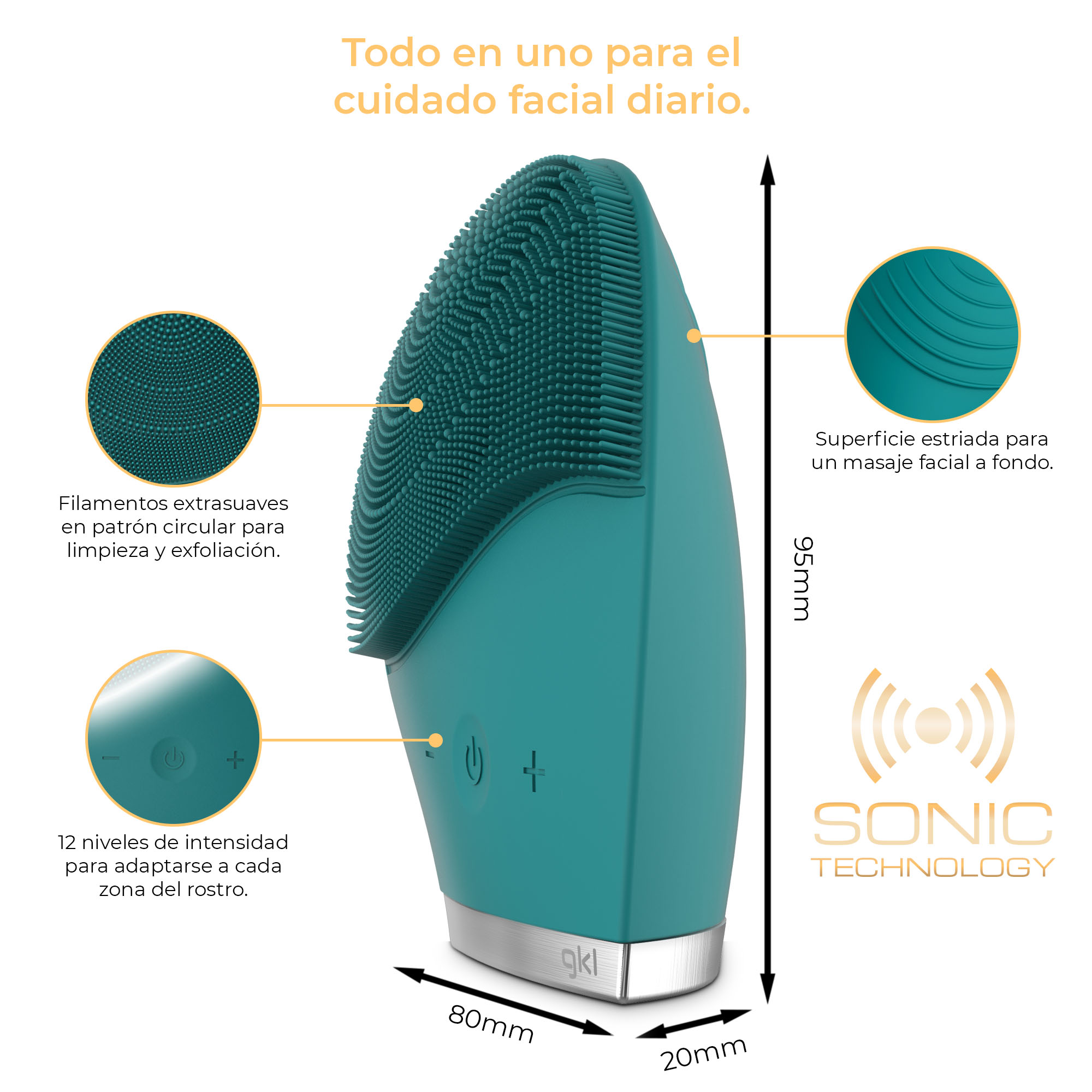 Limpiador facial - GRUNKEL Limpiador facial AZURETOUCH - 12 niveles  de potencia - Azul, Todas las zonas del cuerpo, Niveles de funcionamiento: 12, No