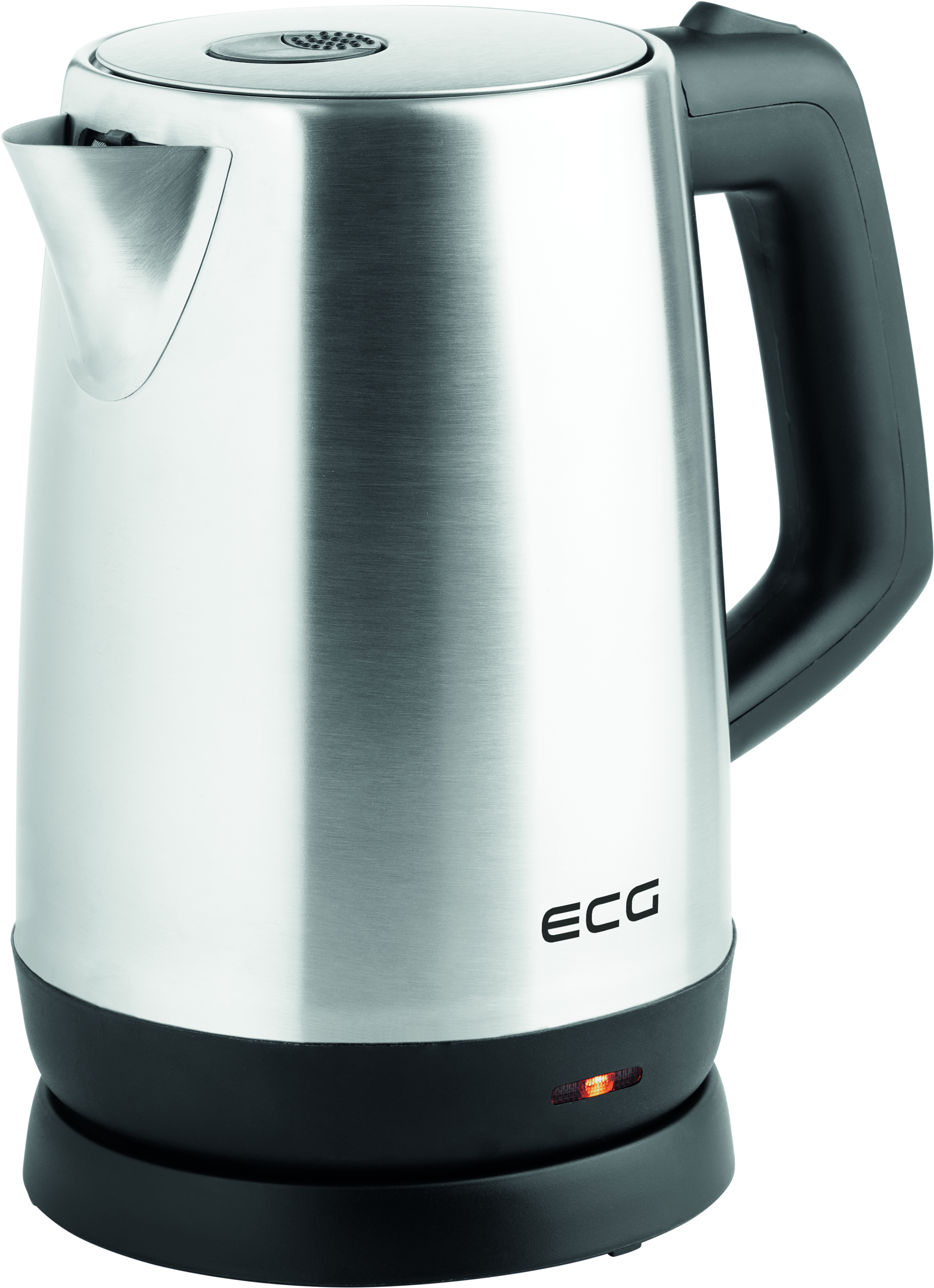 Srebrny czajnik elektryczny na białym tle. Ma czarną podstawę i uchwyt, z czerwonym światłem.