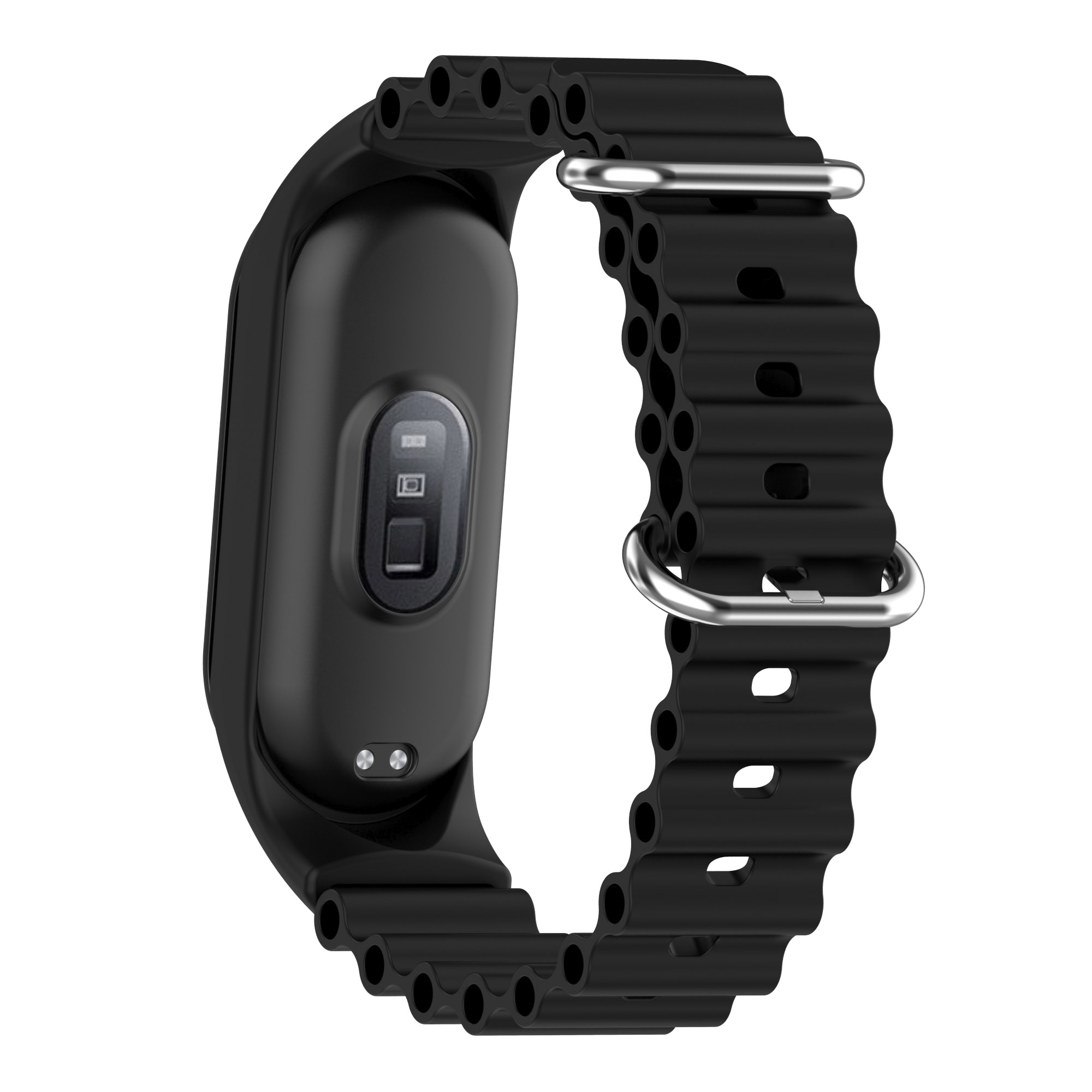 Schwarzes Fitness-Tracker-Armband mit geriffeltem Design und Metallverschluss.