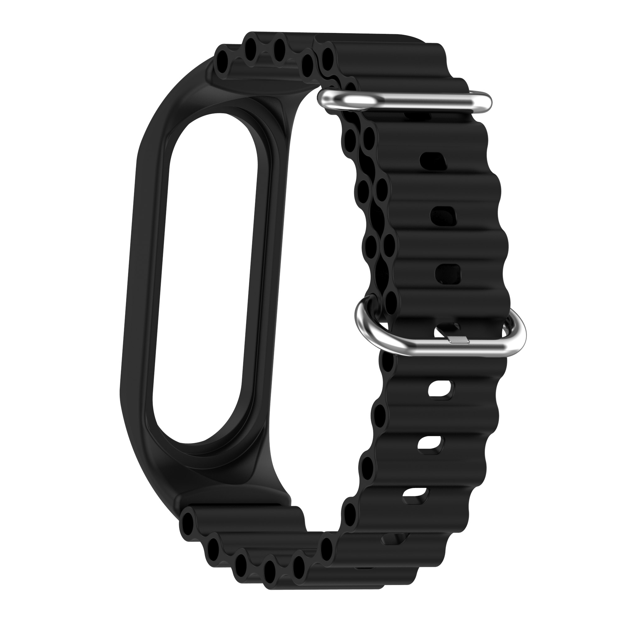 Schwarzes Armband mit gewelltem Rand und silberner Schnalle, isoliert auf Weiß.