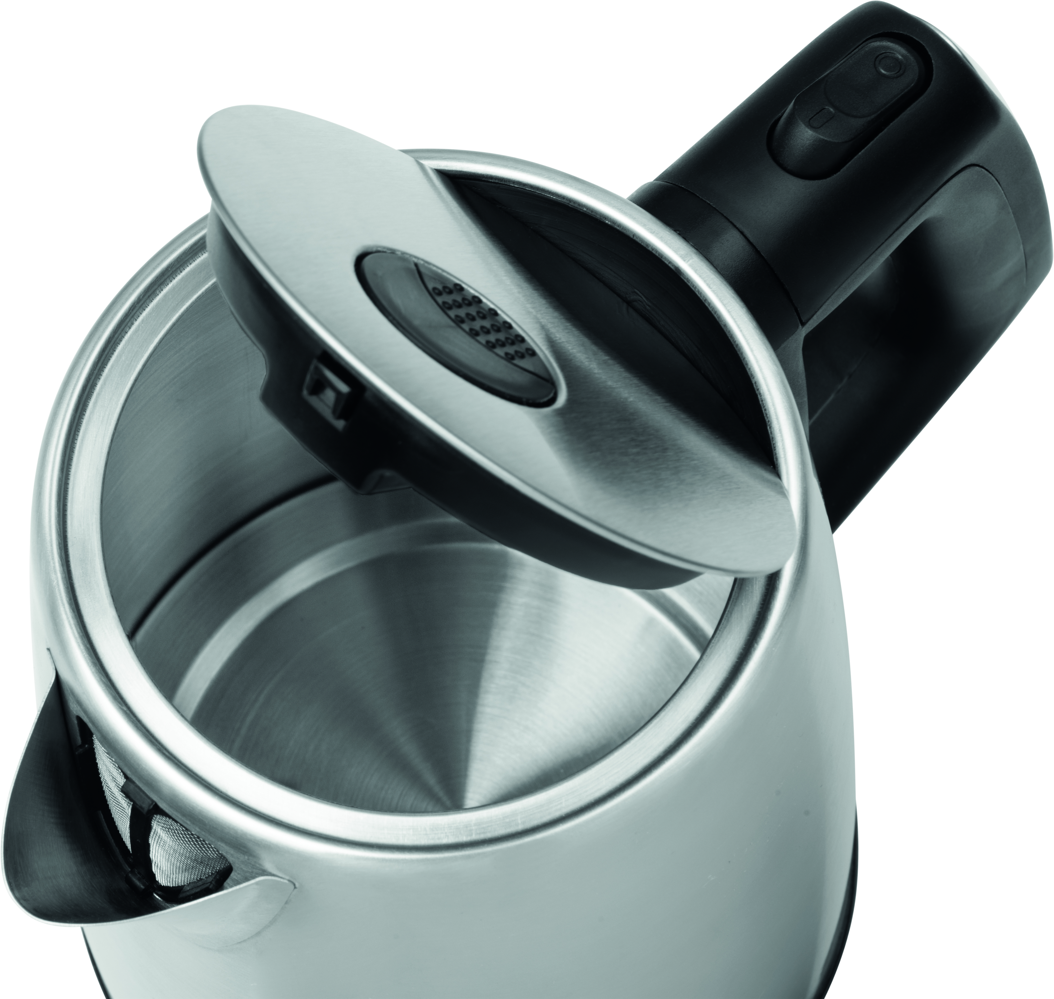 Zbliżenie srebrnego czajnika elektrycznego z otwartą pokrywą. Wewnątrz stal nierdzewna i filtr.