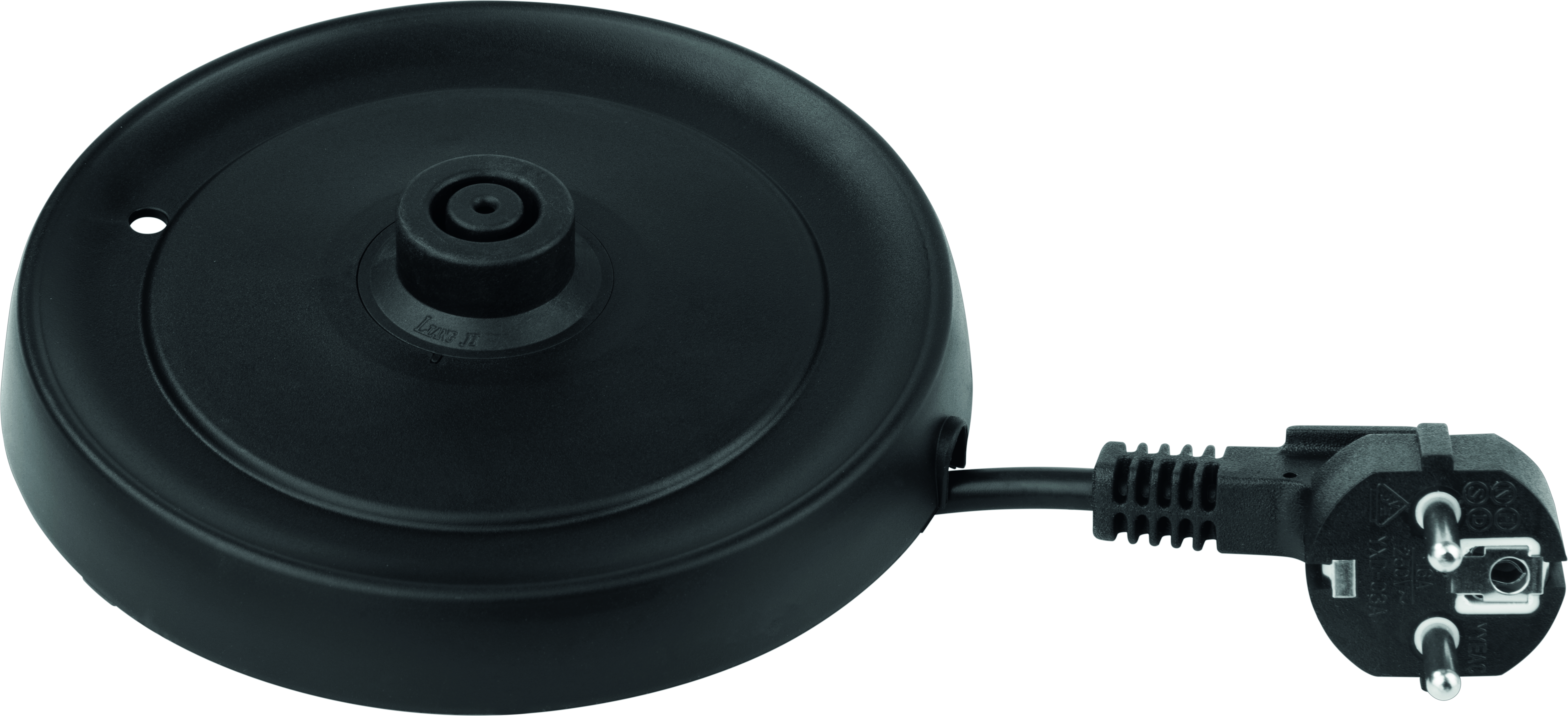 Czarna podstawa czajnika elektrycznego z przewodem zasilającym i wtyczką.