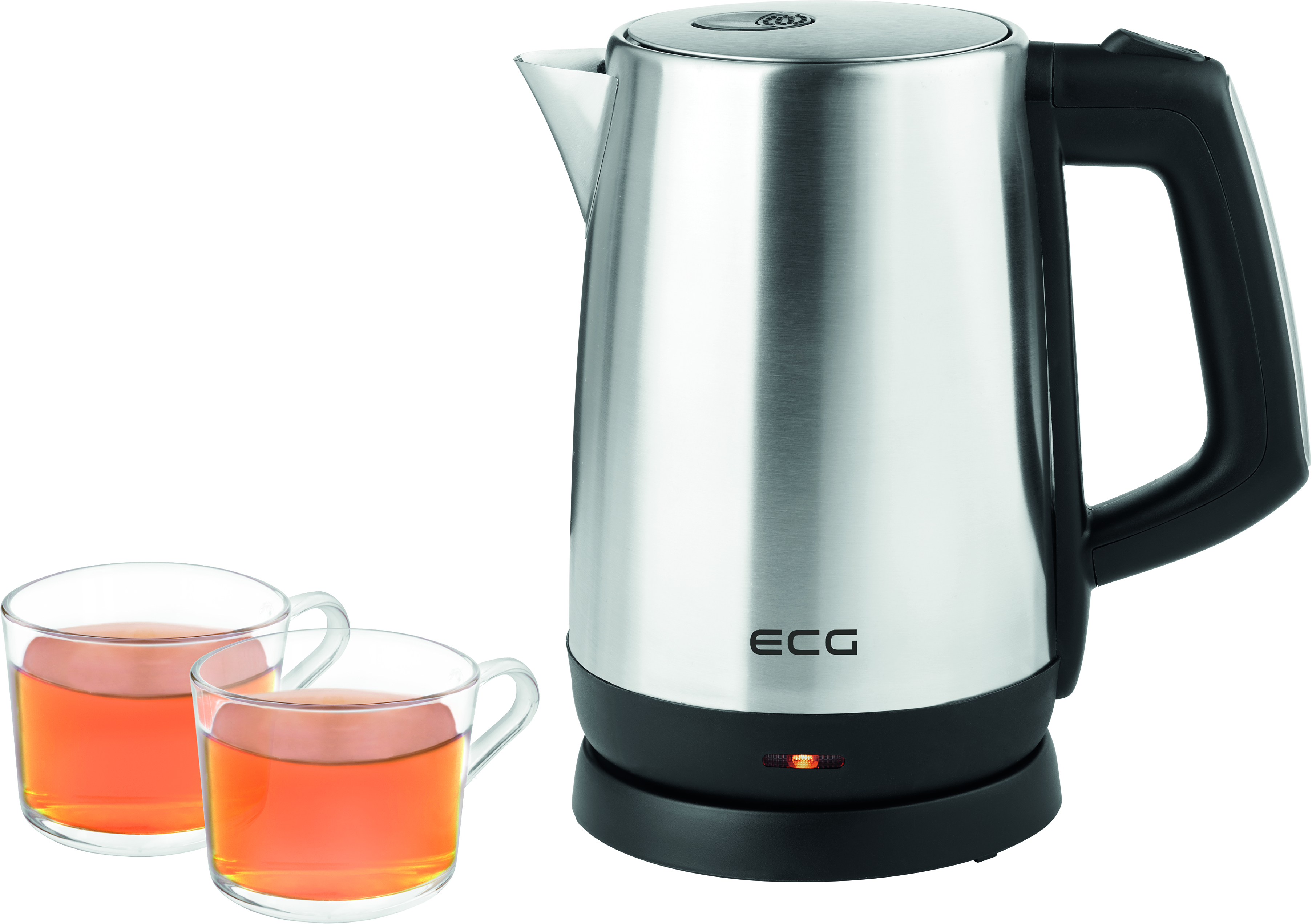 Srebrny czajnik elektryczny i dwie przezroczyste szklanki z herbatą, na białym tle.