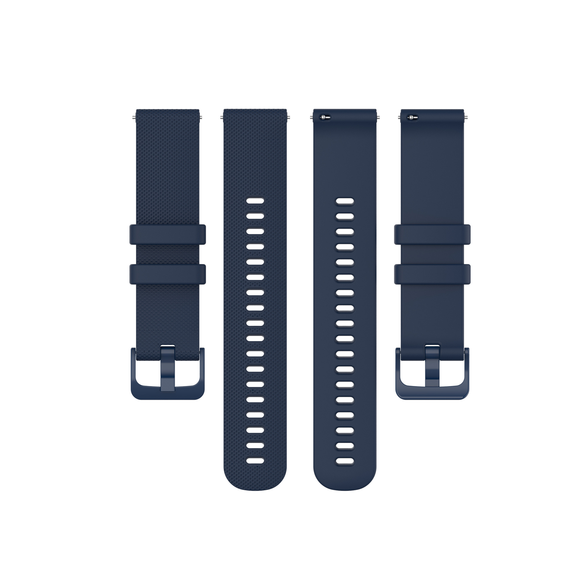 Zwei Paar blaue Smartwatch-Armbänder. Die Armbänder liegen nebeneinander, mit Schnallen und Löchern.