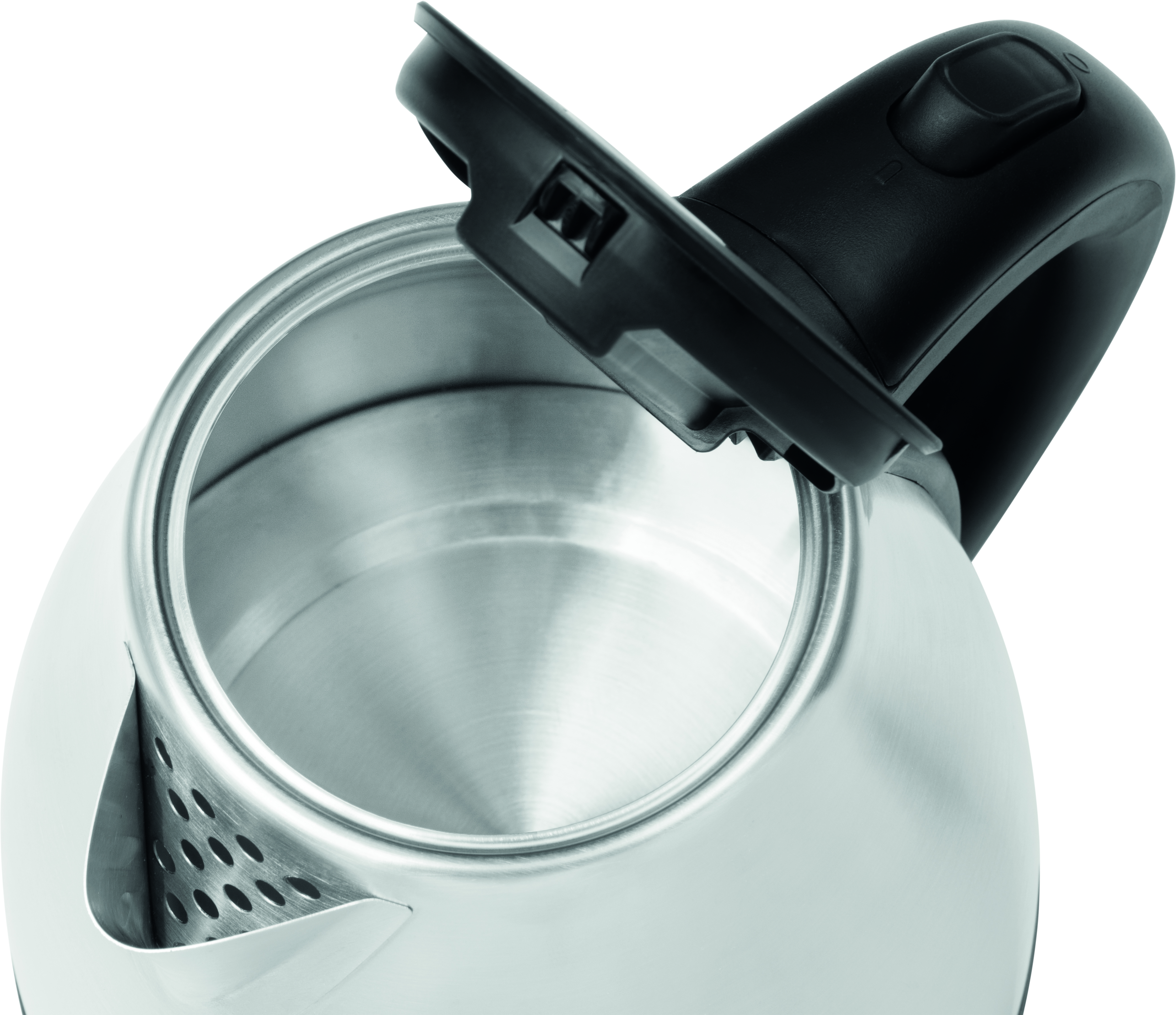 Nahaufnahme eines Edelstahl-Wasserkochers mit offenem Deckel, schwarzem Griff. Weißer Hintergrund.